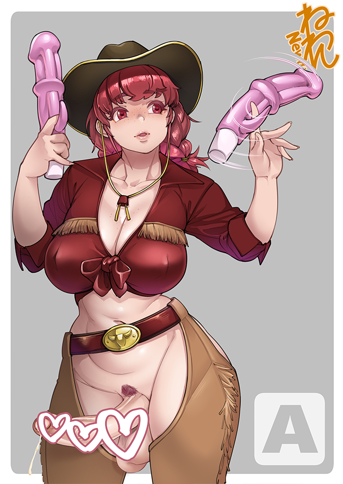 1futa, all fours, balls, big breasts, big penis, breasts, censored, clothed, clothing, cowboy hat, cowgirl, dildo, erection, female, futa only, futanari, human, intersex, light skin, light-skinned futa, mostly clothed, neone-x, penis, red hair, sex toy, solo, standing, vibrator, wide hips