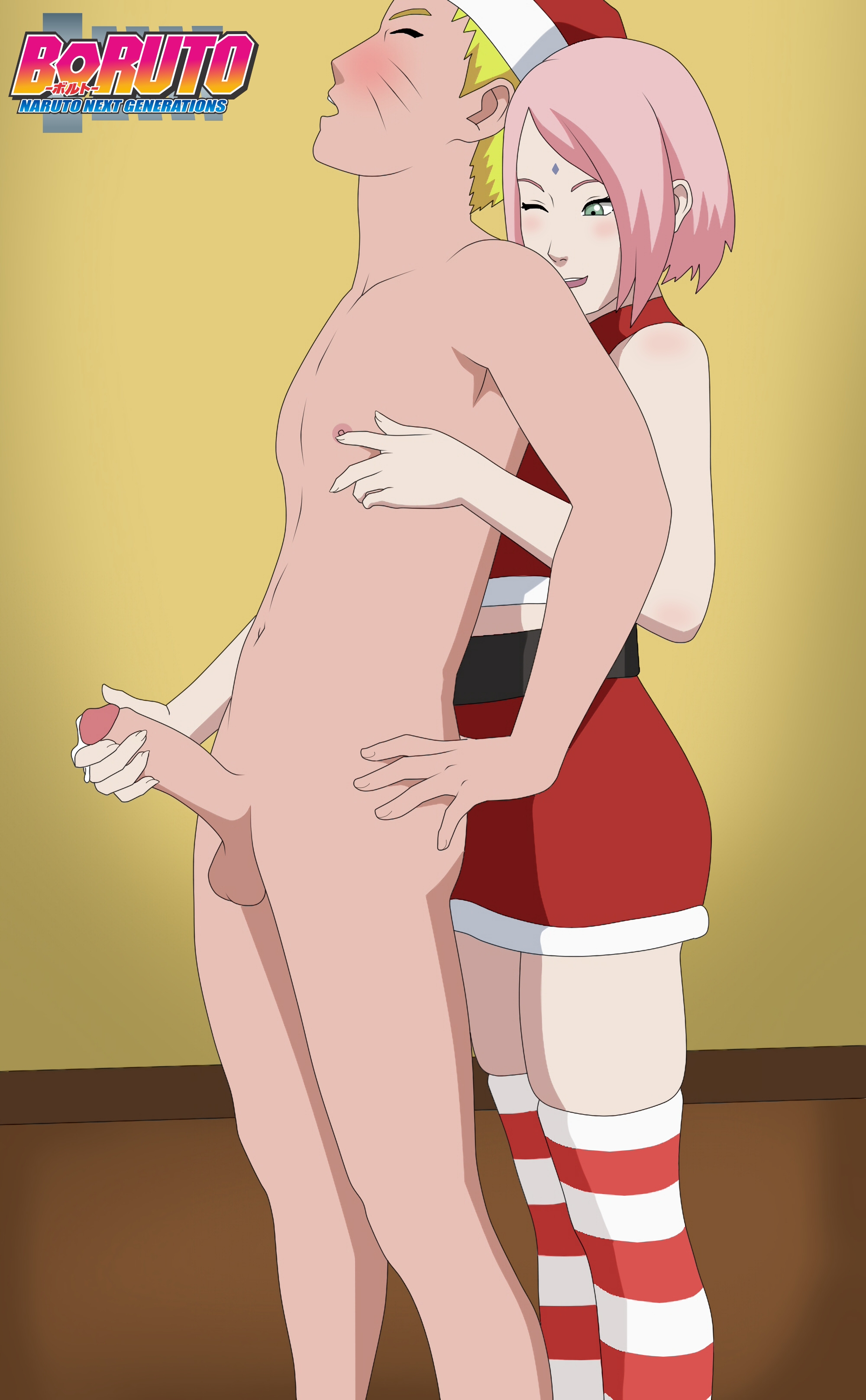 1boy, 1girls, blonde hair, blush, boruto: naruto next generations, christmas, christmas hat, christmas outfit, couple, cum, cumshot, female, green eyes, handjob from behind, human, jerking, male, masturbation, naruto, naruto (series), nipples, penis, pink hair, rantuahelax, red socks, sakura haruno, semen, smile, smiling, socks, striped socks, thigh socks, thighhighs, uzumaki naruto, white socks