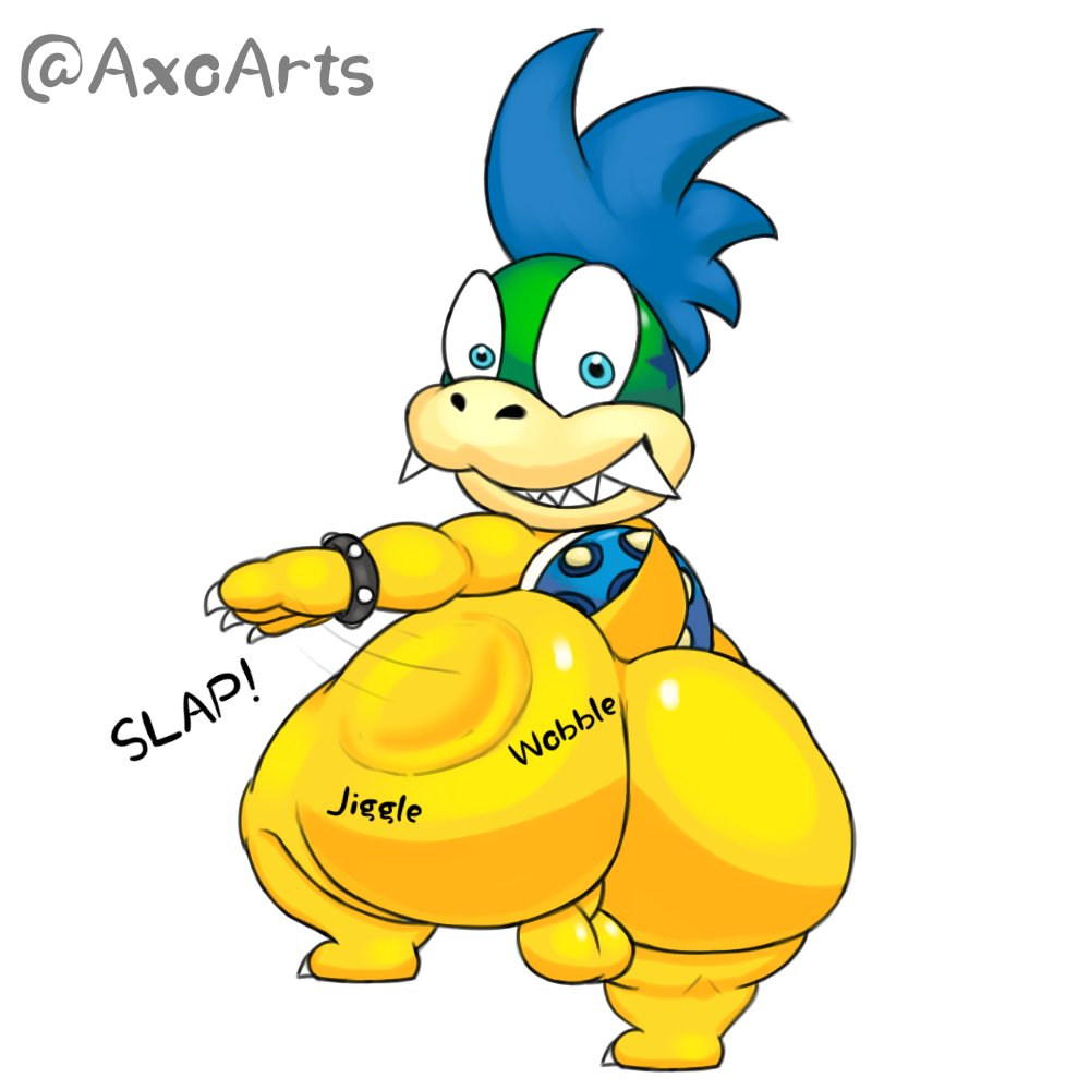 1:1 anthro ass axoarts balls big_butt blue_eyes blue_hair bracelet butt_slap digital_media_(artwork) genitals hair jewelry koopa koopaling larry_koopa looking_at_viewer male male_only mario_(series) nintendo onomatopoeia rear_view scales scalie sharp_teeth shell simple_background slap slapping_own_butt slapping_self solo sound_effects spiked_bracelet spiked_shell spikes spikes_(anatomy) teasing teeth text thick_thighs white_background yellow_body yellow_scales