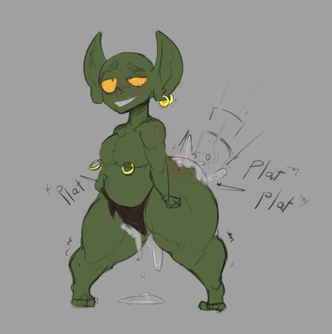 1boy, 2022, anal, anal sex, ass, big ass, cum, cum drip, disembodied penis, dripping cum, ear, ear piercing, equinox 341, femboy, from behind, gay, goblin, goblin femboy, goblin male, gold (metal), gold piercing, green skin, grey background, looking pleasured, male, male focus, male/male, motion lines, non-human, original, penis, pointy ears, short, smile, sound effects, standing sex, wiggle, wiggle lines, yaoi, yellow sclera