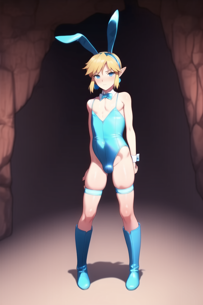 1boy, ai generated, ass, bunny ears, bunnysuit, crossdressing, femboy, girly, latex, link, male, male focus, male only, stable diffusion, the legend of zelda, trap