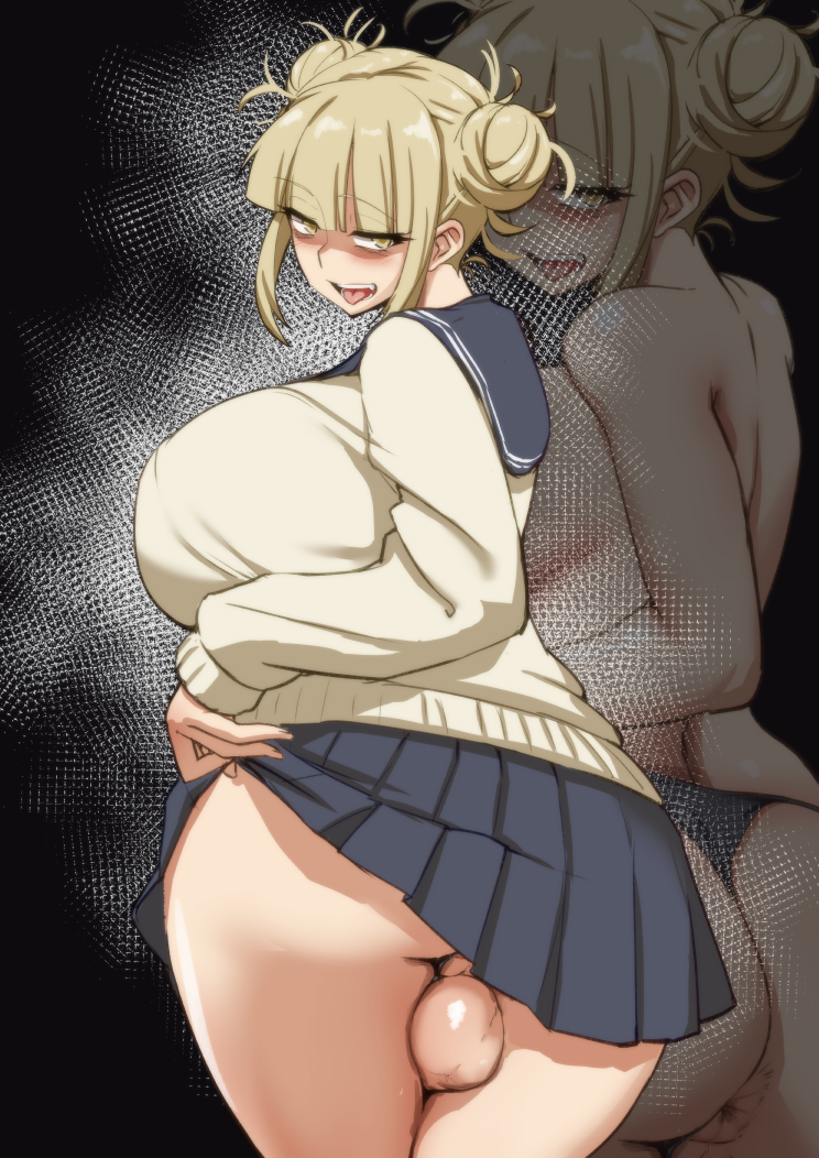17ba10, 1futa, 2d, 2d (artwork), 2d artwork, ass, back, back view, backsack, balls, ballsack, big ass, big balls, big breasts, blonde hair, bottomless, breasts, clothed, clothing, double bun, futa only, futanari, himiko toga, huge breasts, human, intersex, light skin, light-skinned futa, looking back, mostly clothed, my hero academia, no underwear, orange blood123, skirt, skirt lift, solo, standing, testicles, thick thighs, thighs, thong, yellow eyes