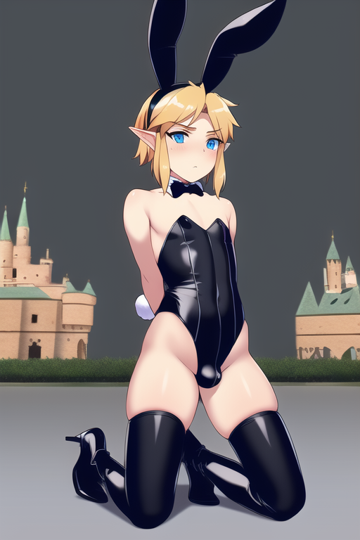 1boy, ai generated, ass, bunny ears, bunnysuit, femboy, latex, link, male, male focus, male only, on knees, stable diffusion, the legend of zelda