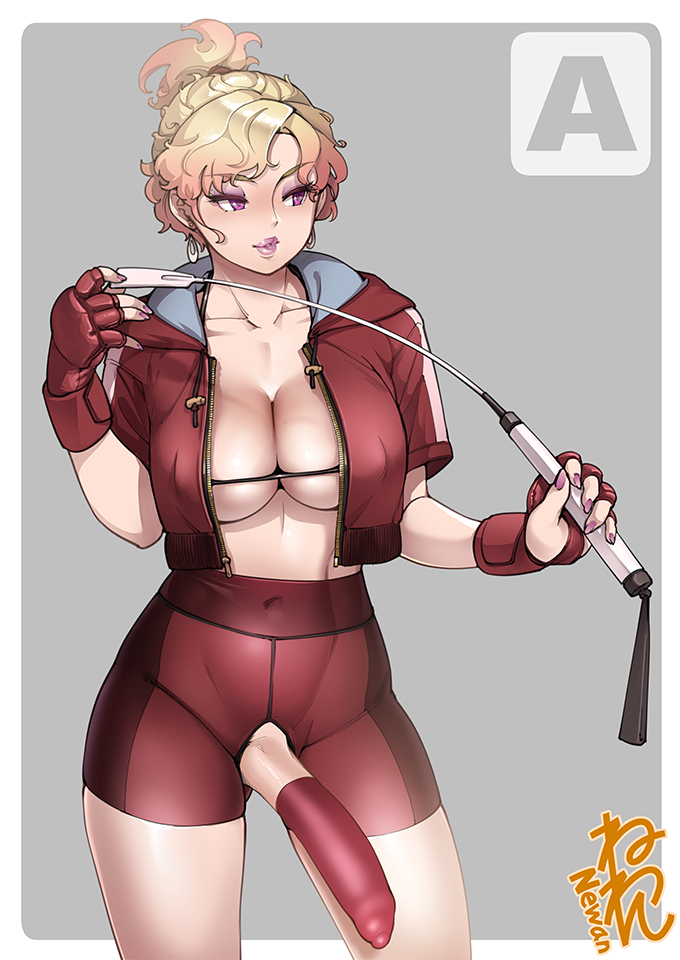 1futa, 2022, big breasts, big penis, blonde hair, breasts, cleavage, clothed, clothing, condom, erection, futa only, futa sans balls, futanari, human, intersex, light skin, light-skinned futa, mostly clothed, neone-x, penis, riding crop, short hair, shorts, solo, standing