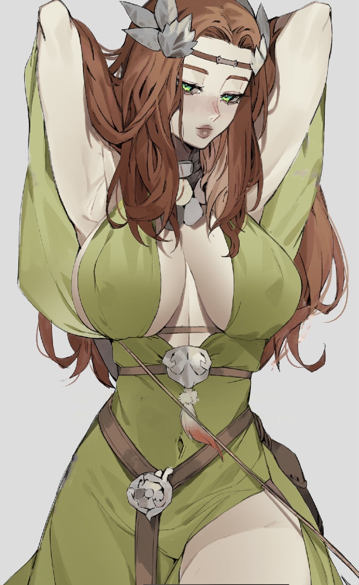 1girls, artist request, belt, breasts, brown hair, cleavage, cleavage cutout, erect nipples under clothes, female, female focus, female only, final fantasy, final fantasy xiv, green dress, green eyes, hair ornament, hands behind own head, large breasts, light skin, light-skinned female, long hair, necklace, nipples visible through clothing, nophica, solo, solo female, solo focus, square enix, thick thighs, wide hips