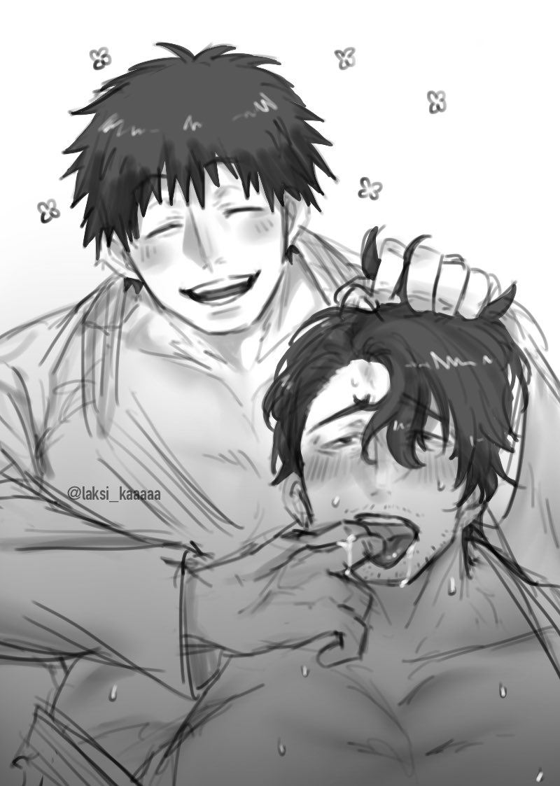 2boys arashiyama_jurota blush dougi drooling facial_hair fingers_in_mouth hair_grab hair_over_one_eye happy hayami_masaki kengan_(series) kengan_omega laksi_kaaaaa male male_only messy_hair monochrome open_mouth sketch smile stubble sweat tongue_out upper_body yaoi