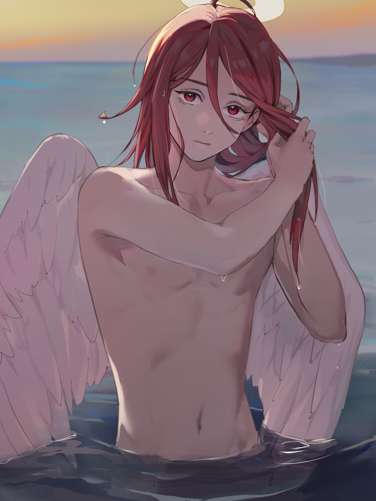 1boy, angel devil (chainsaw man), artistic nude, bathing, chainsaw man, femboy, femboy only, gay, ikanyoikanikan, light skin, light-skinned male, looking at viewer, male, male focus, male only, mappa, nude, solo, solo femboy, solo male, topless, wings