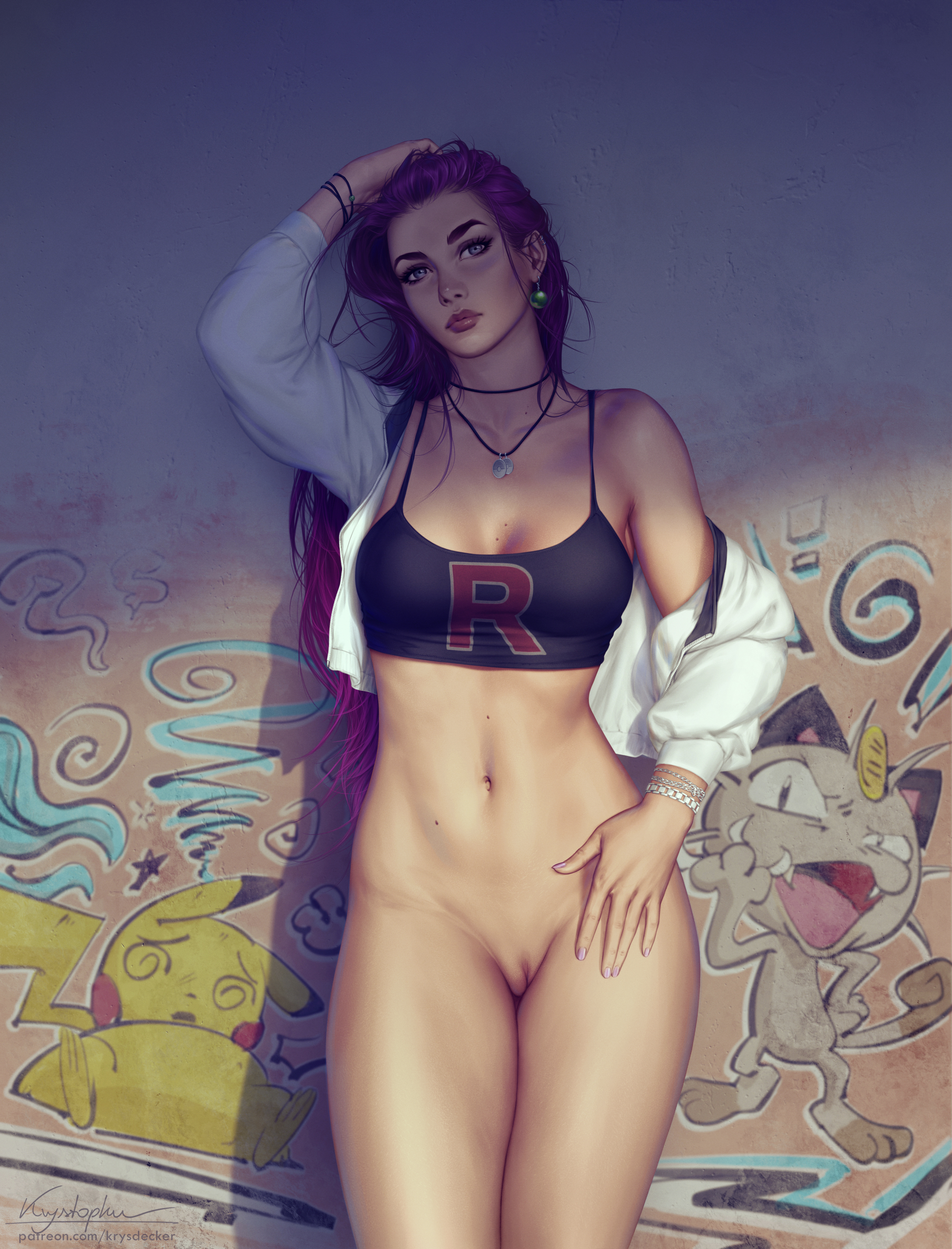 bottomless, female, hair down, jessie (pokemon), krysdecker, looking at viewer, pokemon, pussy, red hair, shaved pussy