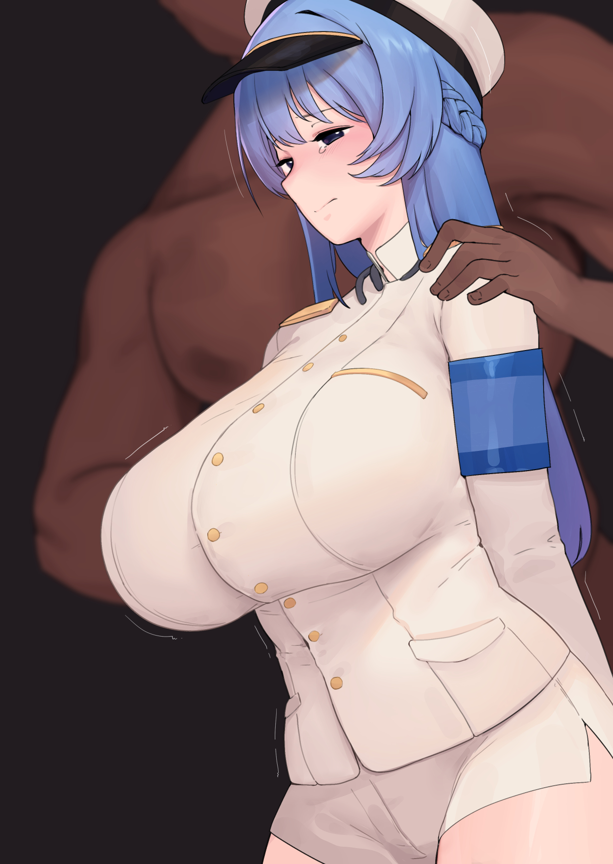 1boy, 1girls, blue eyes, blush, braid, breasts, clothed, clothed female nude male, dark skin, dark-skinned male, female, goddess of victory: nikke, hand on shoulder, headwear, helm (nikke), huge breasts, interracial, light skin, light-skinned female, long hair, male, military, military hat, military uniform, moebell, shorts, white shirt