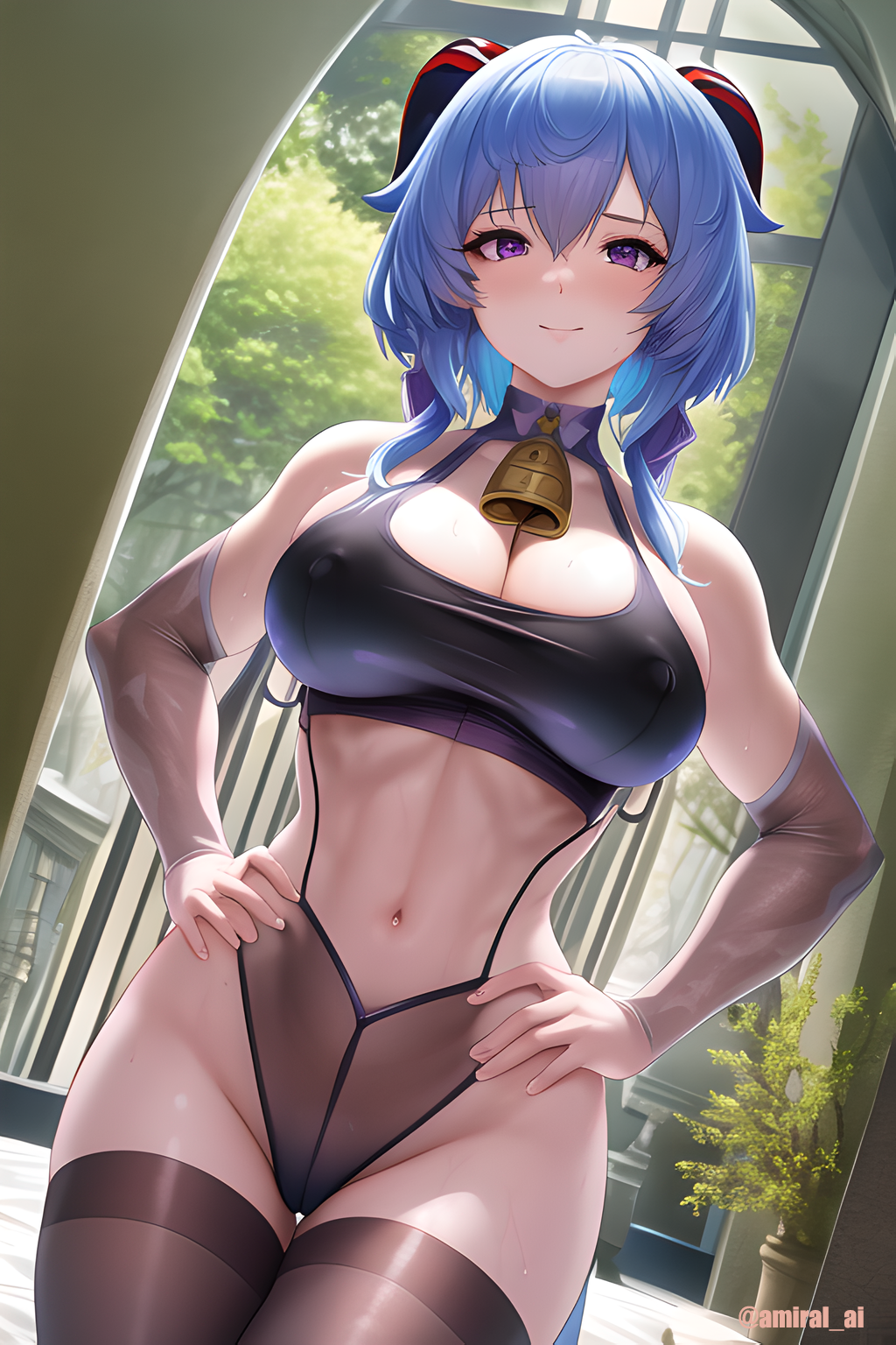 1girls, ai generated, blue hair, breasts, female, ganyu (genshin impact), genshin impact, hand on hip, hips, horns, huge breasts, indoors, long hair, purple eyes, slim waist, smile, thick thighs, thigh gap, thighhighs, thighs, wide hips