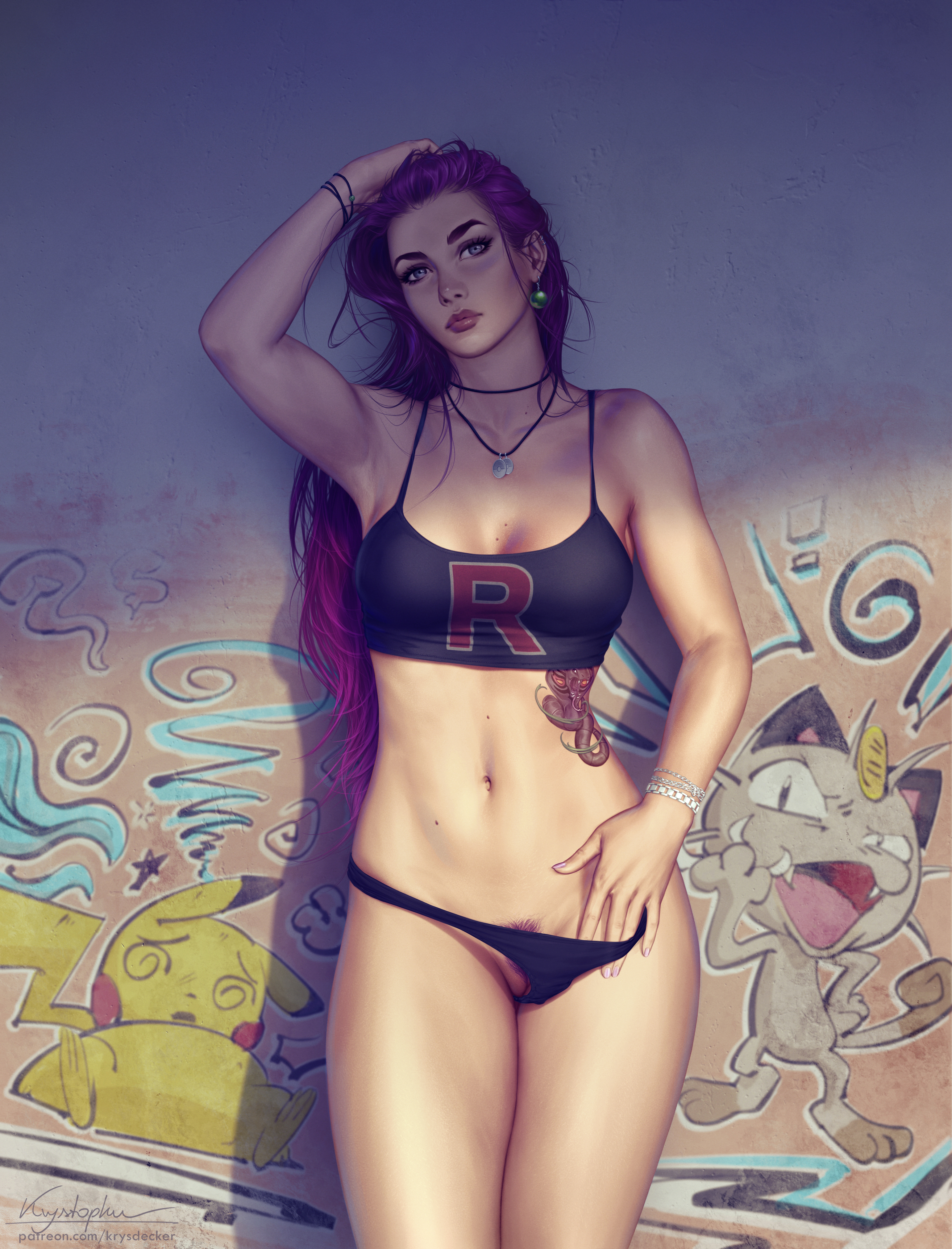 arbok, female, hair down, jessie (pokemon), krysdecker, looking at viewer, pokémon (species), pokemon, pokemon (species), pubic hair, pussy, pussy peek, red hair
