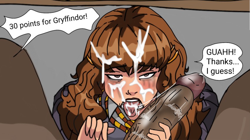 1girls, after oral, cum, cum in mouth, cum on face, deepthroat, dialogue, english text, fellatio, female, genie (akabur), gryffindor, gryffindor tie, harry potter, hermione granger, kneeling, male, male pov, mascara, oral, prostitution, pulling out, ruined makeup, speech bubble, sunnie, text, under the table, witch (harry potter), witch trainer