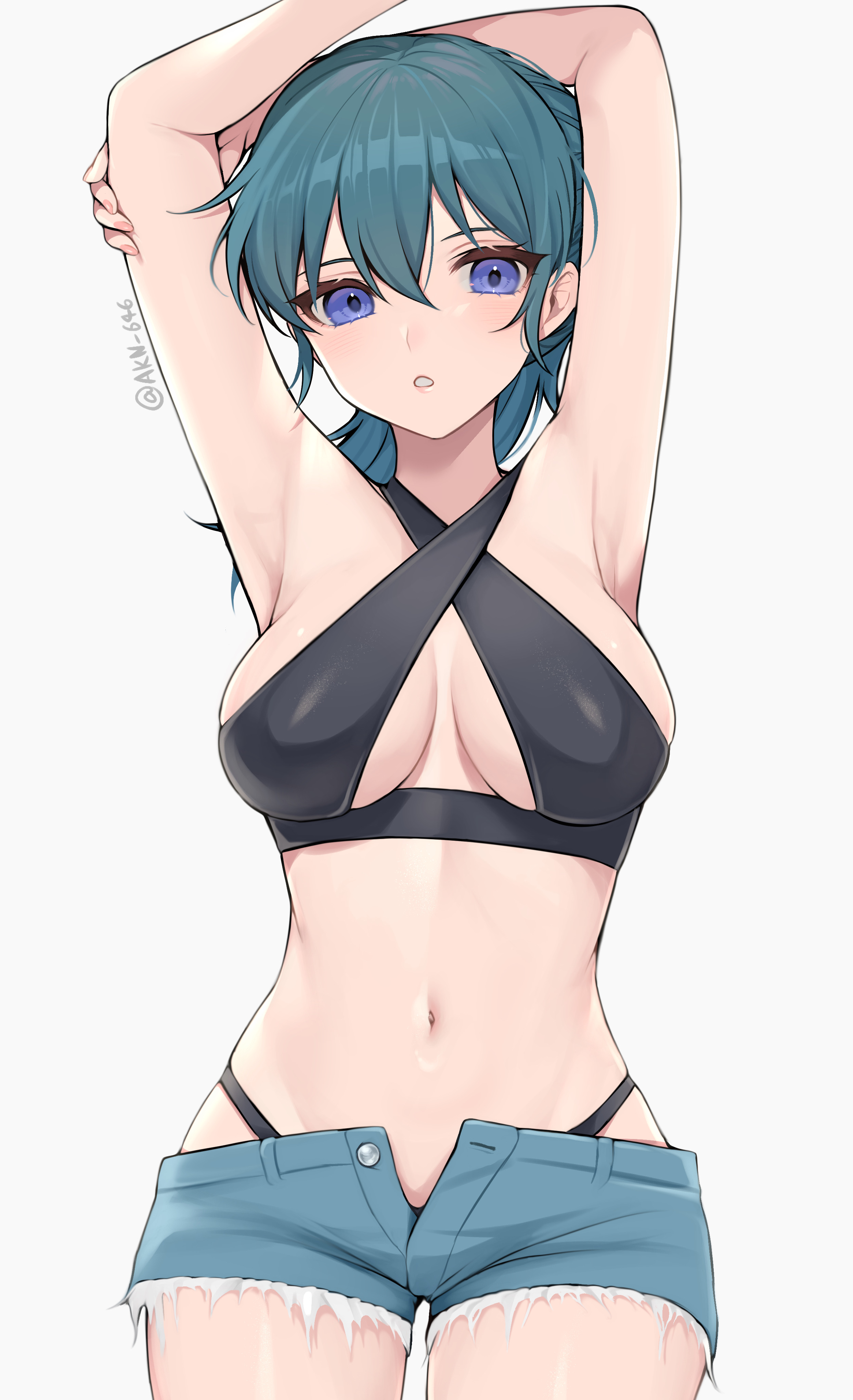 alternate hairstyle, arms above head, arms up, artist name, blue eyes, blue hair, byleth (fire emblem), byleth (fire emblem) (female), cleavage, female, female only, fire emblem, fire emblem: three houses, fully clothed, intelligent systems, looking at viewer, nintendo, ponytail, revealing clothes, shimizu akina, shorts, skimpy clothes, thong, thong straps, watermark