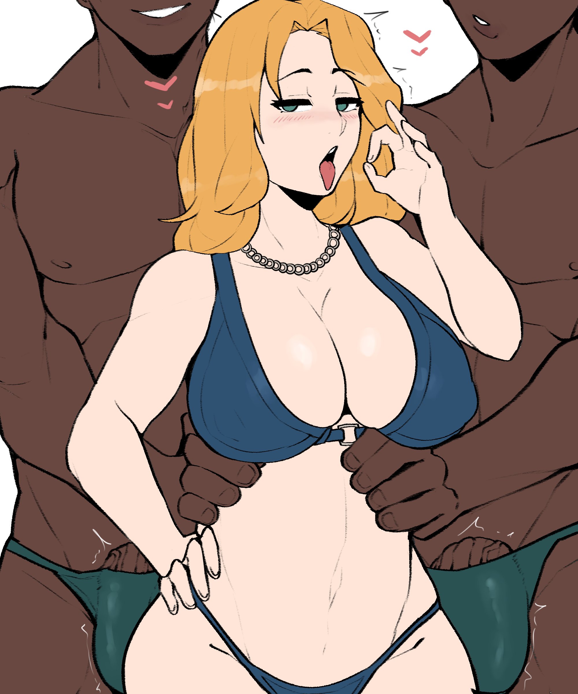 1girls, 2boys, bikini, blonde hair, breasts, curvy female, dark skin, dark-skinned male, erection, erection under clothes, fellatio gesture, female, hips, horu, huge breasts, huge cock, interracial, light skin, light-skinned female, long hair, male, muscular, muscular male, original, original character, penis, slim waist, thick thighs, thighs, wide hips