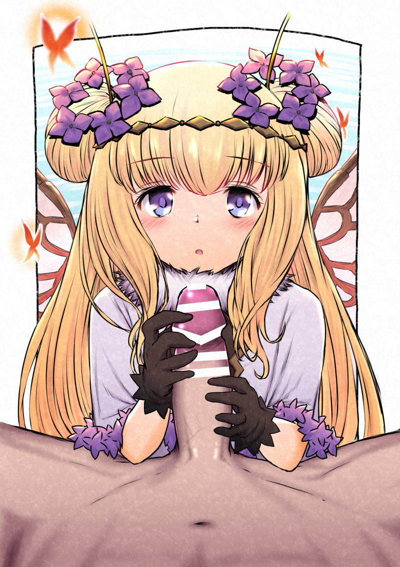 1boy 1girls antennae bangs black_gloves blonde_hair blunt_bangs blush brown_hairband butterfly_wings censored clothed_female_nude_male dark-skinned_male dark_skin dress eyebrows_visible_through_hair female flower gloved_handjob gloves gran_(granblue_fantasy) granblue_fantasy hair_flower hair_ornament hairband handjob highres light-skinned_female light_skin looking_at_viewer multicolored_clothes multicolored_dress nude onibi_2 penis purple_eyes straight sylph_(granblue_fantasy) wings