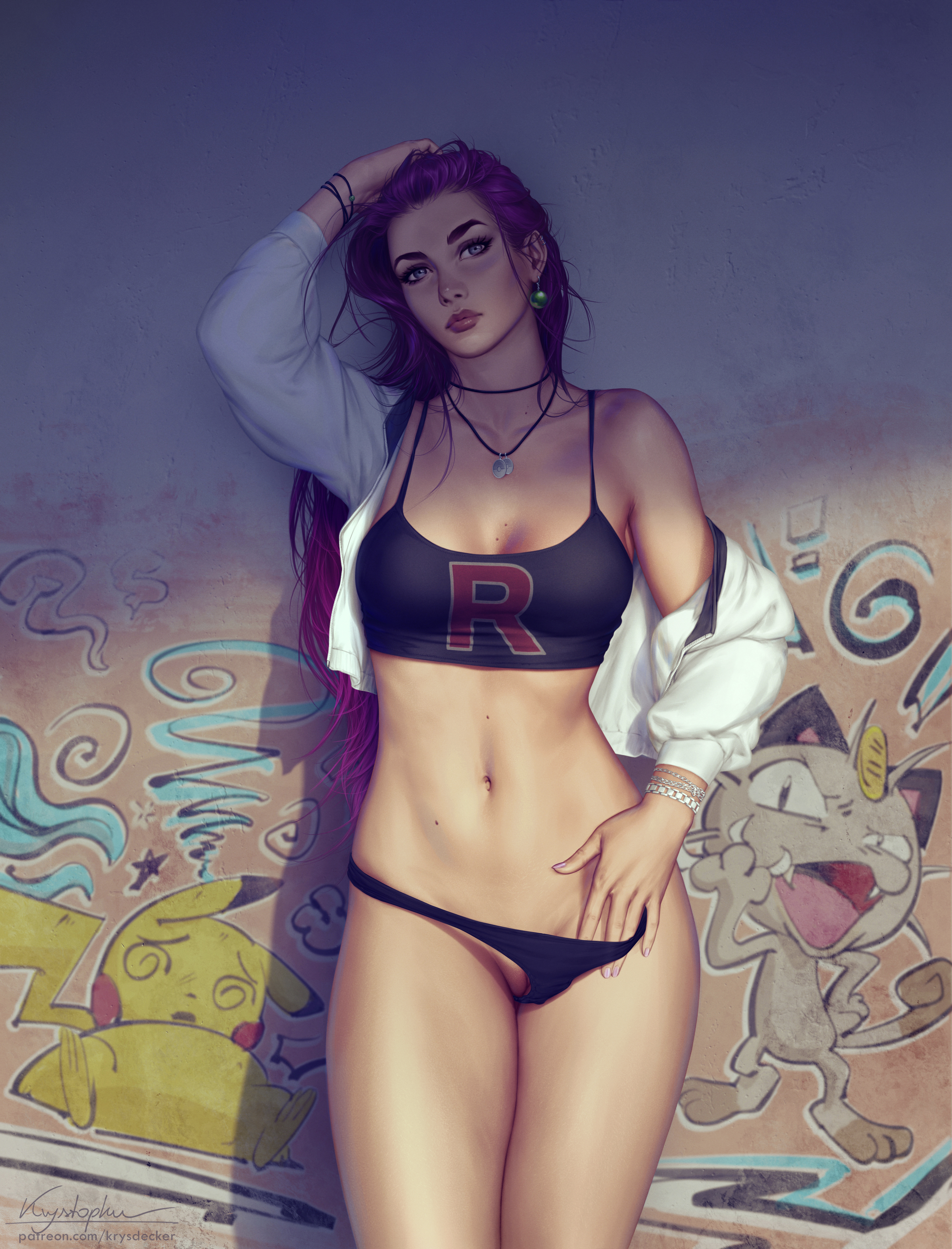 female, hair down, jessie (pokemon), krysdecker, looking at viewer, pokemon, pussy, pussy peek, red hair, shaved pussy
