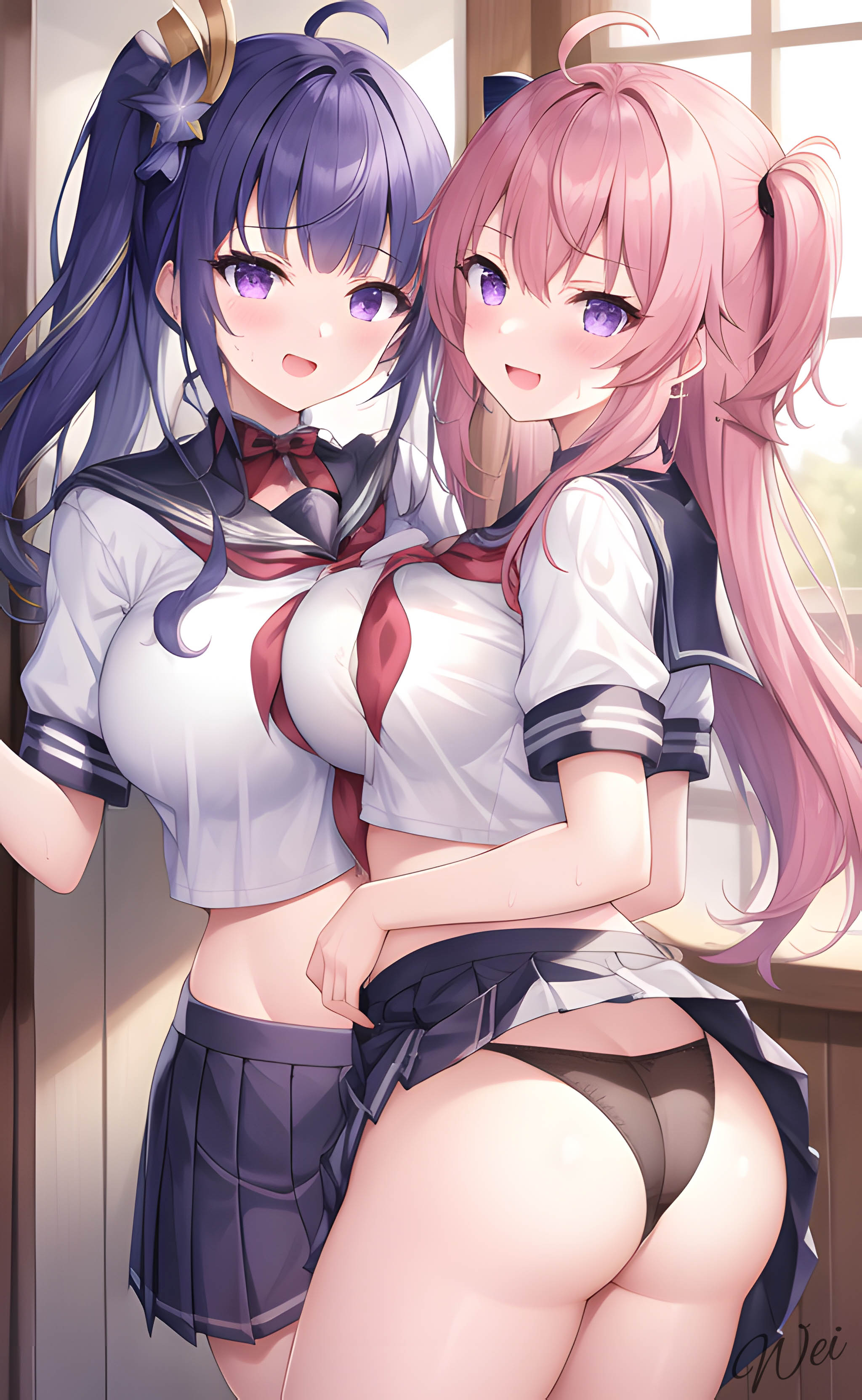 2girls, ahoge, ai generated, alternate costume, ass, ass cleavage, ass crack, blush, breasts, butt crack, female, female only, from behind, genshin impact, hair ornament, hairpin, large breasts, long hair, looking at viewer, looking back, miniskirt, multiple females, multiple girls, open mouth, panties, pink hair, purple eyes, purple hair, raiden shogun, school uniform, see-through, see-through shirt, shiny, shiny hair, shiny skin, sideboob, skirt, skirt lift, smile, stable diffusion, sweatdrop, twintails, two side up, very long hair, yae miko