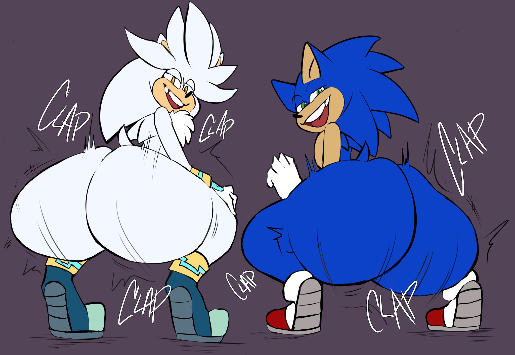 2boys, anthro, ass, ass clapping, big ass, bubble ass, bubble butt, clapping cheeks, crouching, fat ass, femboy, hedgehog, honeycoves, huge ass, large ass, looking at viewer, looking back, male, male only, sega, silver the hedgehog, sonic (series), sonic the hedgehog, sonic the hedgehog (series), squatting, thick ass, thick thighs, twerking, wide hips
