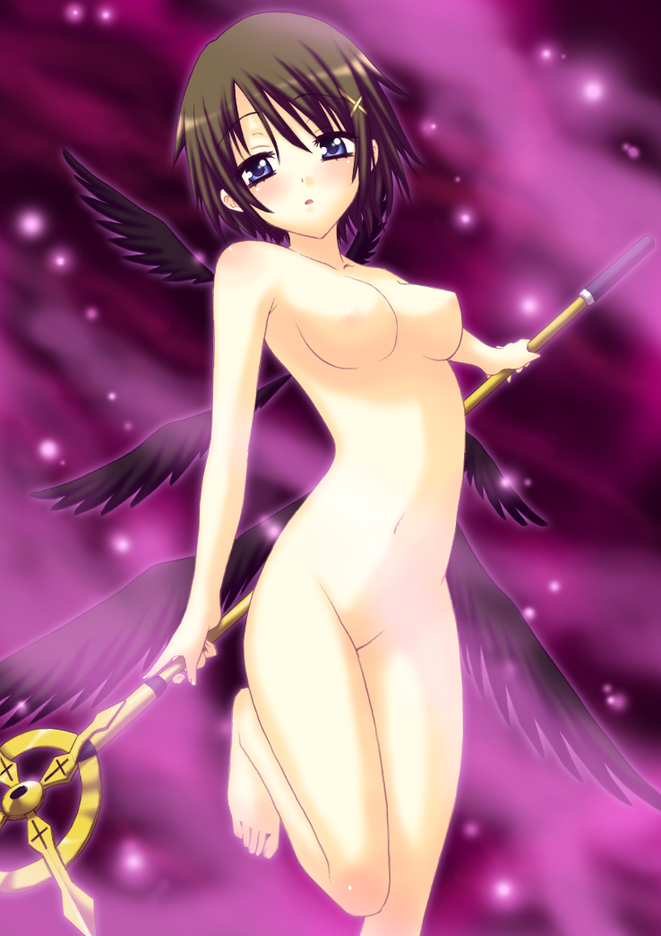 black_wings blush breasts brown_hair feet female hayate_yagami human lyrical_nanoha mahou_shoujo_lyrical_nanoha mahou_shoujo_lyrical_nanoha_strikers nipples no_nipples nude on_one_foot purple_eyes saki_chisuzu schwertkreuz short_hair staff thighs wing wings