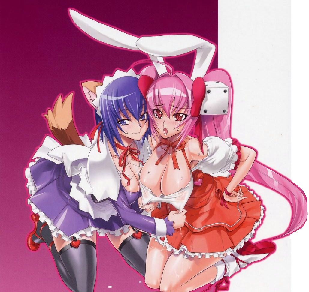 2girls animal_ear animal_ears blue_hair blush breasts bunny_ears cleavage crossover di_gi_charat dice female female_only human inazuma kokubunji_koyori large_breasts light-skinned_female light_skin long_hair multiple_girls nipples nurse_witch_komugi-chan satou_shouji smile tail twintails usada_hikaru