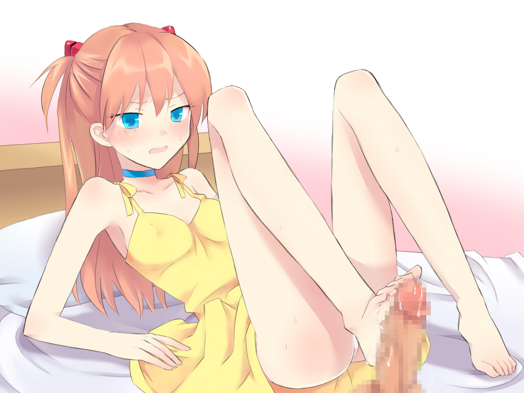 ame sable, asuka langley sohryu, barefoot, blue eyes, blush, breasts, censored, clothing, collar, cum, dress, erect nipples, erect nipples under clothes, feet, female, footjob, hair, human, long hair, male, mosaic censoring, neon genesis evangelion, nipples, panties, pantyshot, penis, red hair, small breasts, straight, sundress, underwear, yellow dress