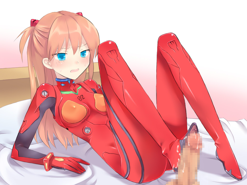 ame sable, asuka langley sohryu, blue eyes, blush, boot fetish, bootjob, boots, breasts, censored, clothing, cum, feet, female, footjob, footjob with legwear, hair, human, long hair, male, mosaic censoring, neon genesis evangelion, penis, plugsuit, red hair, shoejob, small breasts, straight