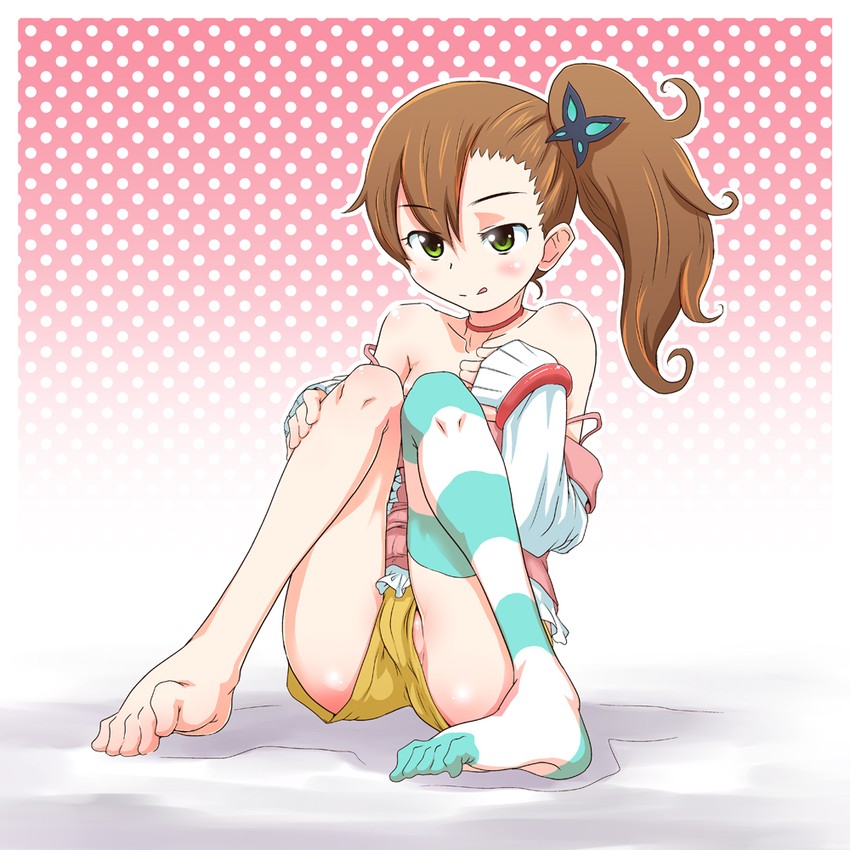 :q bare_shoulders barefoot blush brown_hair butterfly_hair_ornament choker chousoku_henkei_gyrozetter de_(deys) feet female green_eyes hair_ornament inaba_rinne long_hair shorts side_ponytail solo striped striped_legwear tongue