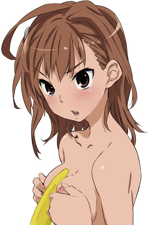 1girls banana between_breasts blush breast_squeeze breasts brown_eyes brown_hair brunette completely_nude completely_nude_female female female_only food food_between_breasts fruit groping hair_ornament hairclip human image_manipulation misaka_mikoto nipples nude nude_female open_mouth photoshop short_hair small_breasts solo teenage_girl teenager to_aru_kagaku_no_railgun to_aru_majutsu_no_index toru_k white_background young