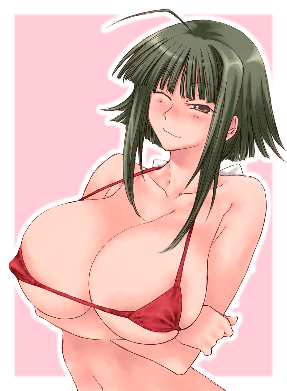 bikini_top blush breasts cleavage erect_nipples fuyube_rion highres huge_breasts large_breasts mahou_sensei_negima mahou_sensei_negima! nagase_kaede smile swimsuit wink