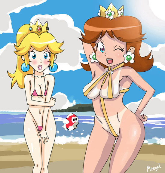 2girls arms_up beach bikini blonde_hair blue_eyes blush breasts brown_hair cheep_cheep cleavage crown earrings embarrassed female female_only feral hand_behind_head human lips lipstick looking_at_viewer mario_(series) meegol multiple_females multiple_girls nintendo one_eye_closed open_mouth ponytail princess_daisy princess_peach shoulder_length_hair shy smile super_mario_bros. super_mario_land tan tanline thick thick_thighs thighs tied_hair wide_hips wink