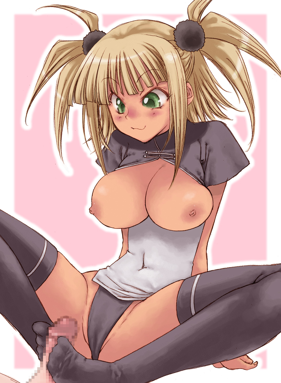 bb blush breasts censored clothing dark_skin feet footjob footjob_with_legwear fuyube_rion highres kufei large_breasts mahou_sensei_negima mahou_sensei_negima! nipples panties penis smile stockings