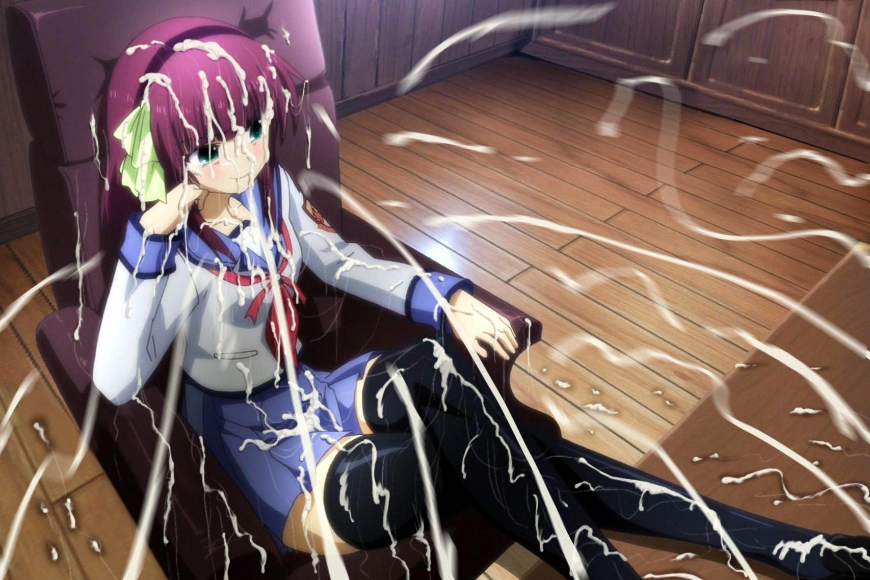 1girls, angel beats!, blue eyes, bukkake, chair, cum, cum covered, cum everywhere, cum on clothes, cum on hair, cumshot, ejaculation, facial, female, female only, fully clothed, highres, nakamura yuri, photoshop, purple hair, school uniform, screencap, smile, solo, thighhighs, zettai ryouiki, zettai ryouiki (skirt)