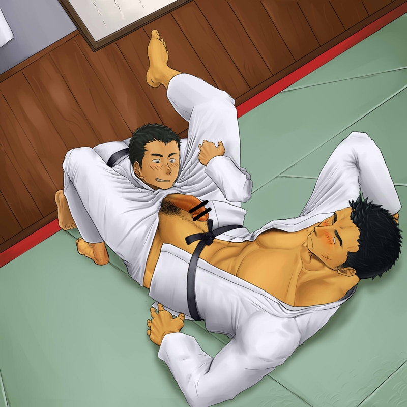 2boys, abs, age difference, bar censor, barefoot, black hair, blush, censor bar, censored, cock hungry, cum hungry, embarrassment, erection, facial scar, forced yaoi, gay, hand behind head, head between thighs, holding leg, imminent fellatio, imminent sex, karate gi, large penis, leg lift, leg up, legs held open, looking to the side, male, male only, mentaiko, multiple boys, multiple males, muscles, naughty face, older male and younger male, open jacket, open shirt, pants down, pecs, penis, penis out, pointless censoring, rape, teacher and student, undressing another, yaoi