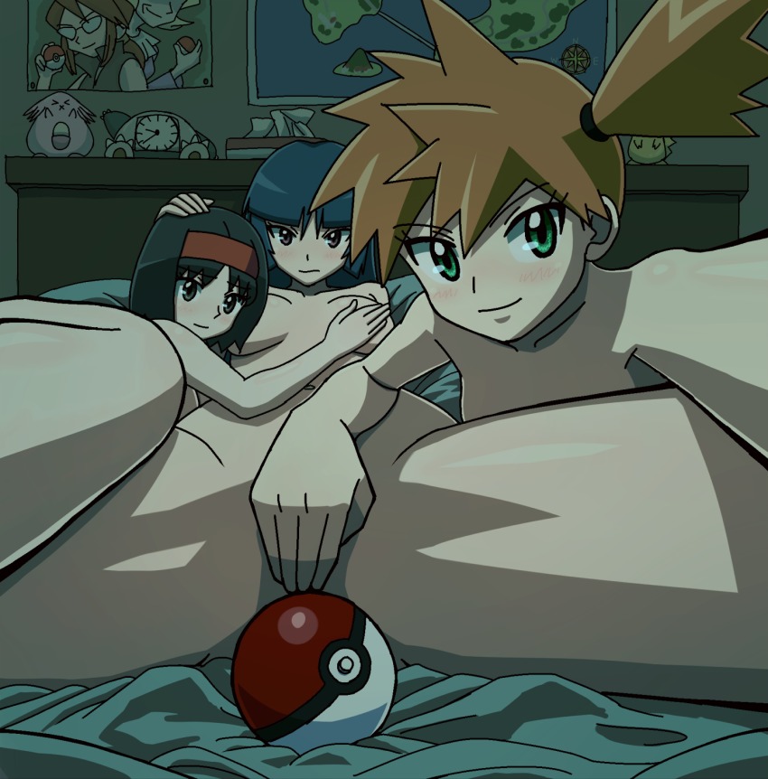 3girls ass bed black_hair blush breasts covering_breasts covering_crotch covering_pussy erika_(pokemon) female female_only game_freak green_eyes gym_leader human human_only implied_lesbian implied_yuri kasumi_(pokemon) lesbian long_hair misty_(pokemon) nakaba nintendo nude orange_hair poke_ball pokemon pokemon_frlg pokemon_lgpe pokemon_rgby purple_hair sabrina_(pokemon) self_shot smile yuri