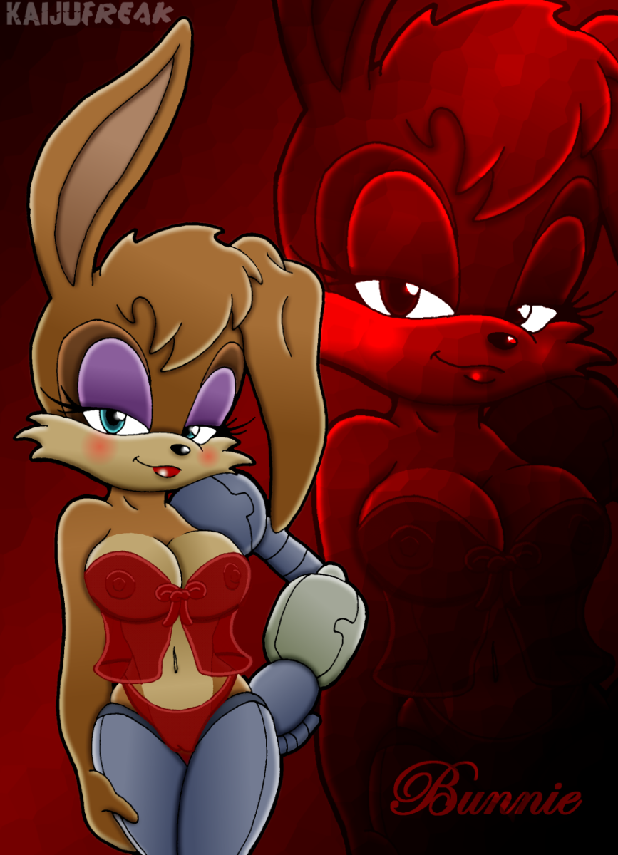 anthro black_nose blush breasts brown_fur bunnie_rabbot cameltoe character_name clothes color cyan_eyes eyeshadow female female_only front_view fur furry furry_breasts furry_ears hand_on_hip hand_on_leg kaijufreak lipstick long_ears looking_at_viewer mechanical_arm mechanical_leg navel rabbit smile solo sonic_(series) standing tan_fur zoom_layer