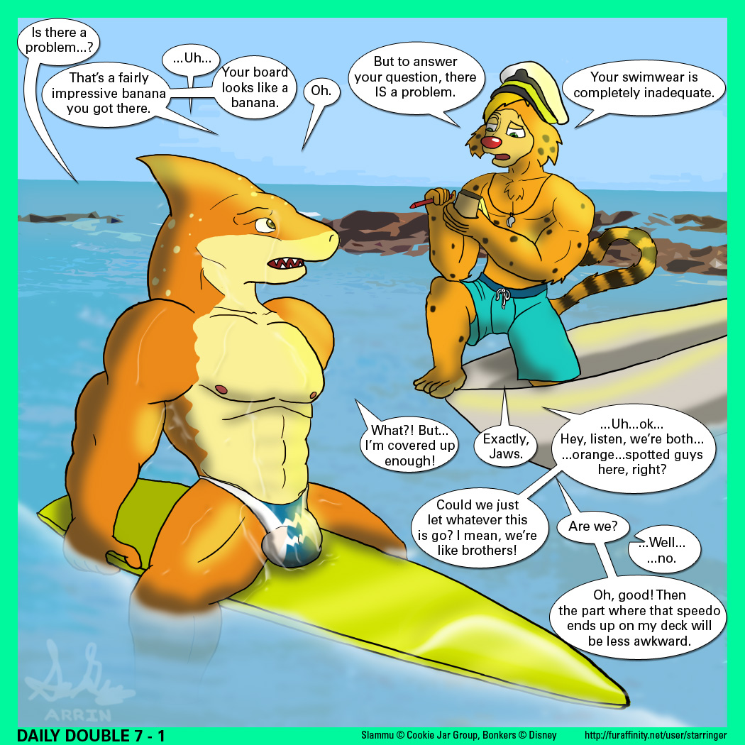 anthro bonkers bonkers_d._bobcat clothes color crossover day disney disney_channel fur furry gay interspecies male male_only multiple_males outdoors shark slammu star_ringer street_sharks surfboard swimwear topless