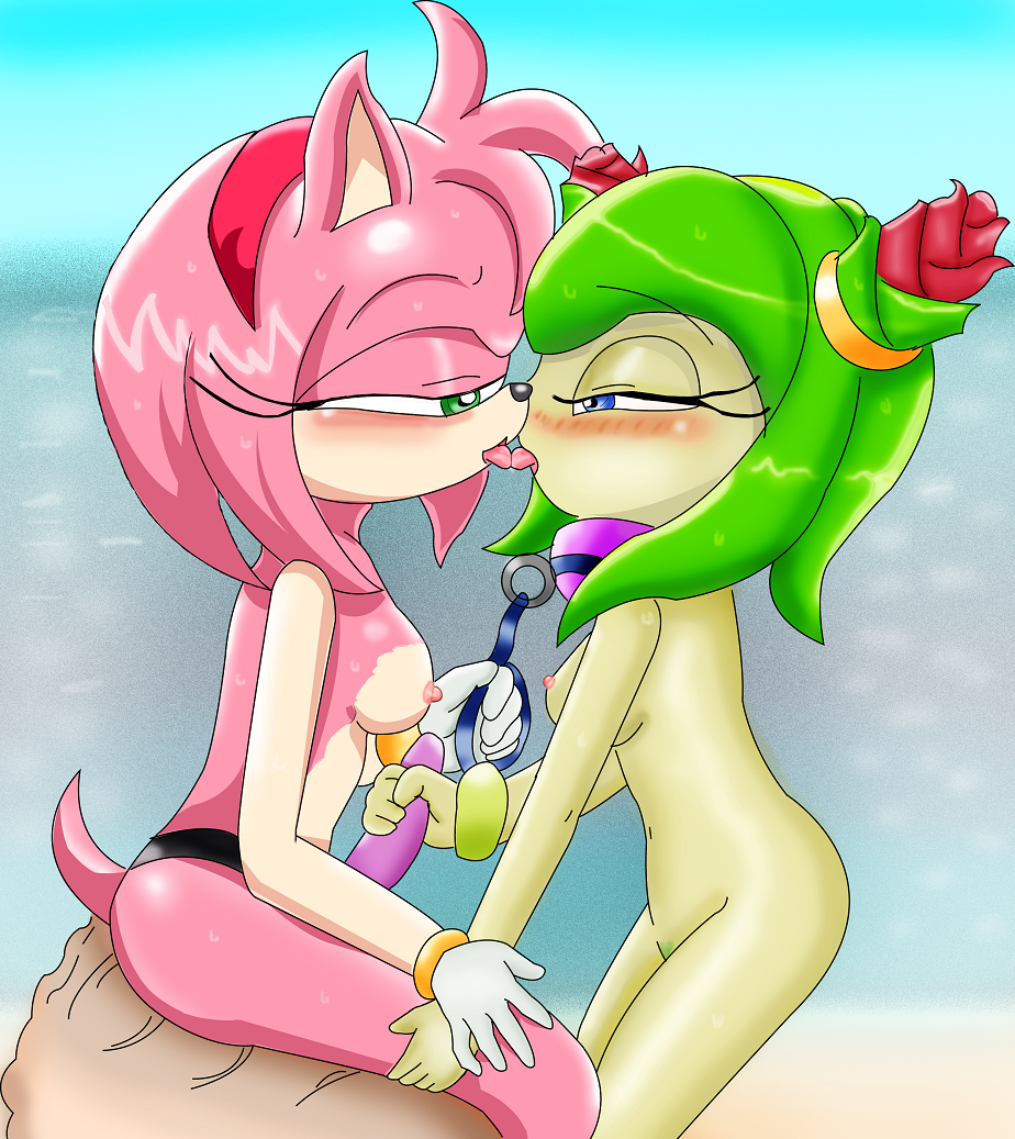 5_fingers amy_rose anthro beach beige_skin black_nose blue_eyes blush bracelet breasts collar color cosmo_the_seedrian day dildo eye_contact eyelashes female female_only flower fur furry furry_breasts furry_tail gloves green_eyes green_hair hair hedgehog interspecies kissing leash looking_at_another multiple_females nipples outdoors oyashirothr43 pink_fur pink_hair raised_tail sand seedrian short_hair side_view sitting sky sonic_(series) standing strap-on tail water yuri