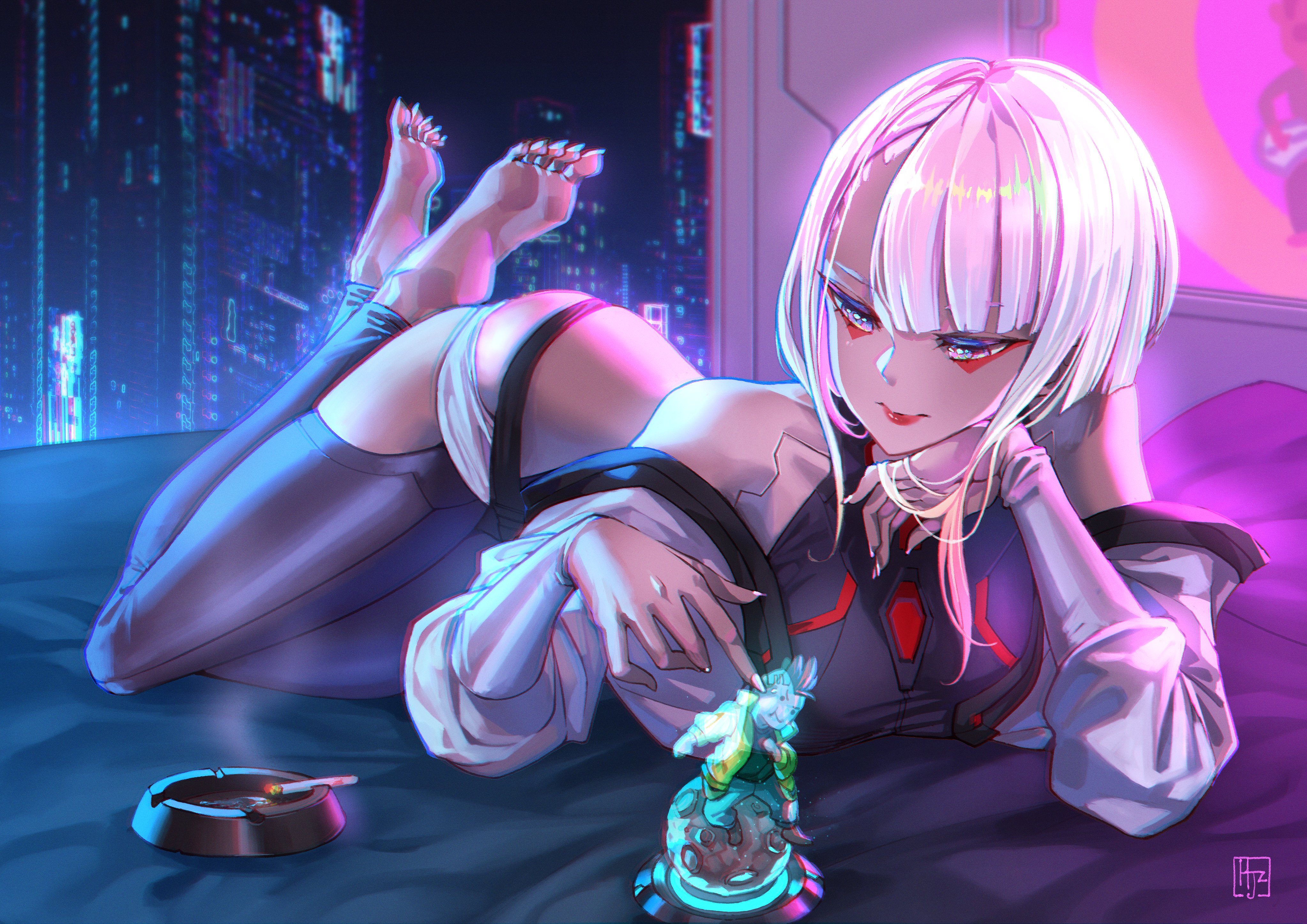 1girls, ass, ass up, barefoot, bed, bedroom, big ass, big breasts, breasts, cd projekt red, cyberpunk 2077, cyberpunk: edgerunners, david martinez (edgerunners), digital media (artwork), feet, female, hjz, laying on bed, lucyna kushinada, lying down, off shoulder, skin tight, solo, studio trigger, wholesome