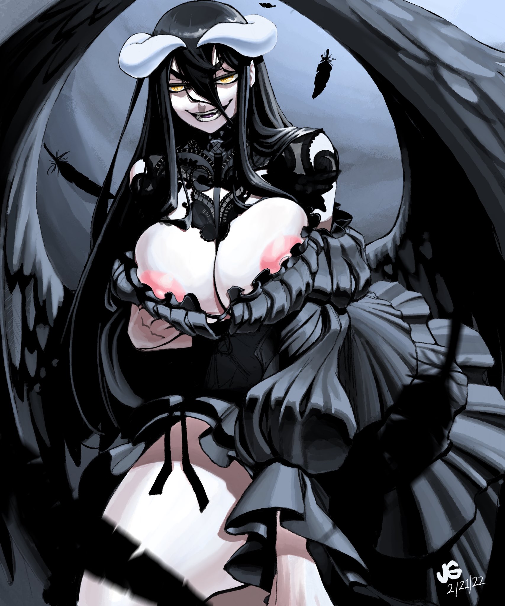 1girls, 2022, albedo (overlord), areolae, big breasts, black hair, breasts, demon, demon girl, demon horns, dress, feathered wings, female, female only, goth, hi res, horns, jgeorgedrawz, long hair, looking at viewer, narrowed eyes, nipple peek, nipples, open mouth, overlord (maruyama), smiling, smiling at viewer, solo, succubus, thick thighs, wings, yellow eyes