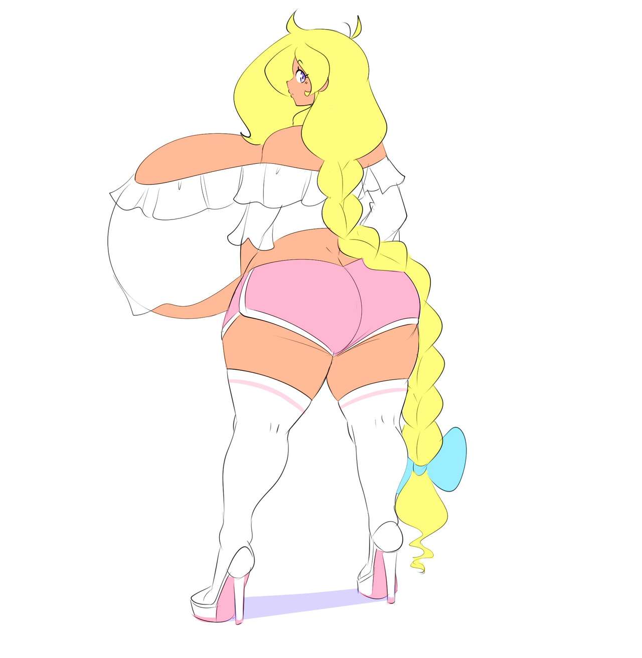 1girls, ass, backboob, big ass, big breasts, blonde hair, booty shorts, braid, braided hair, breasts, cassie (theycallhimcake), crop top, fat ass, female, female focus, female only, giant breasts, gigantic breasts, heels, high heels, huge ass, huge breasts, hyper, hyper breasts, long hair, massive breasts, round ass, short shorts, solo, tan skin, theycallhimcake, thick ass, thick thighs, top heavy, wide hips