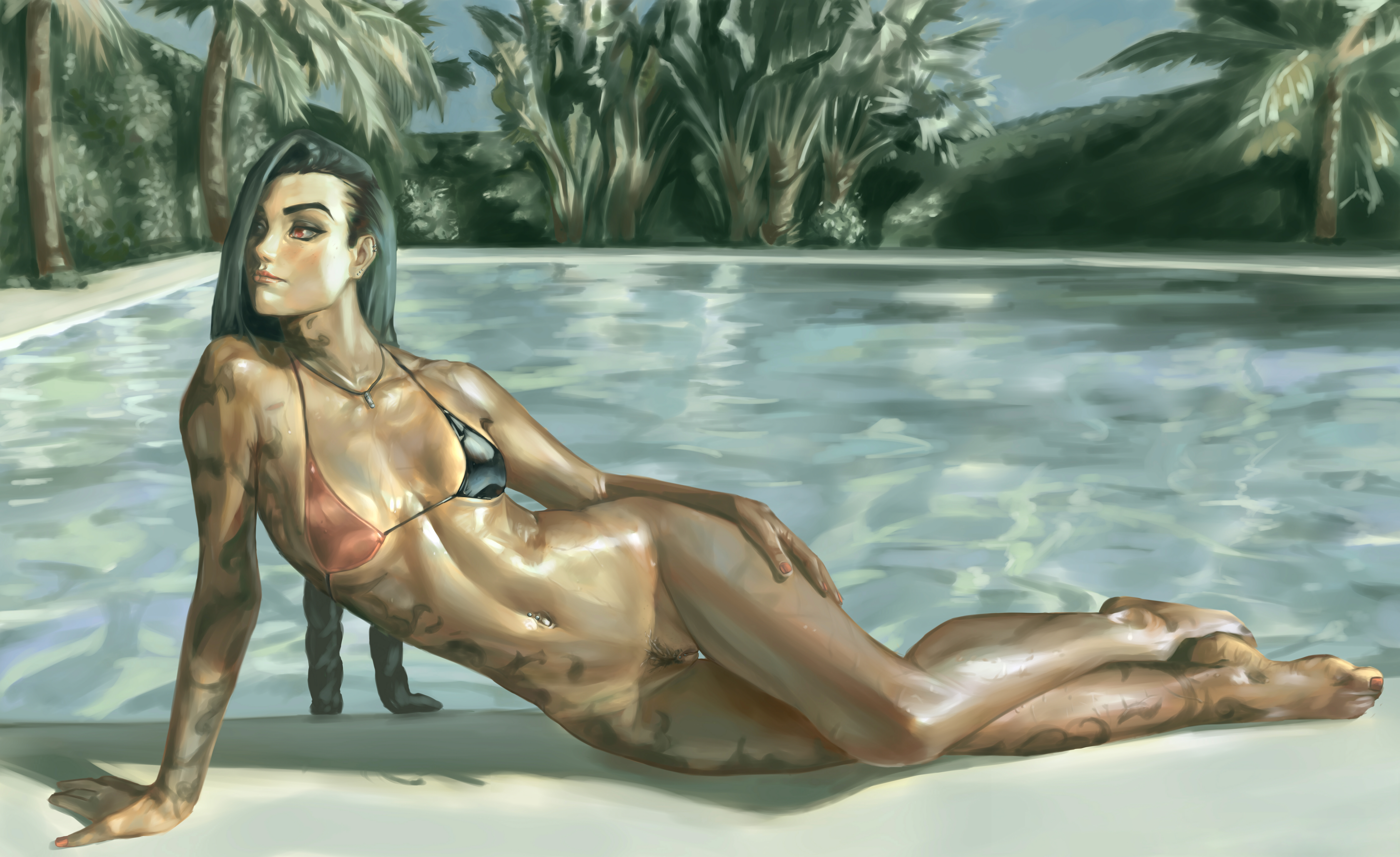 bottomless, female, jinx (league of legends), league of legends, pubic hair, pussy, saltboi, swimming pool