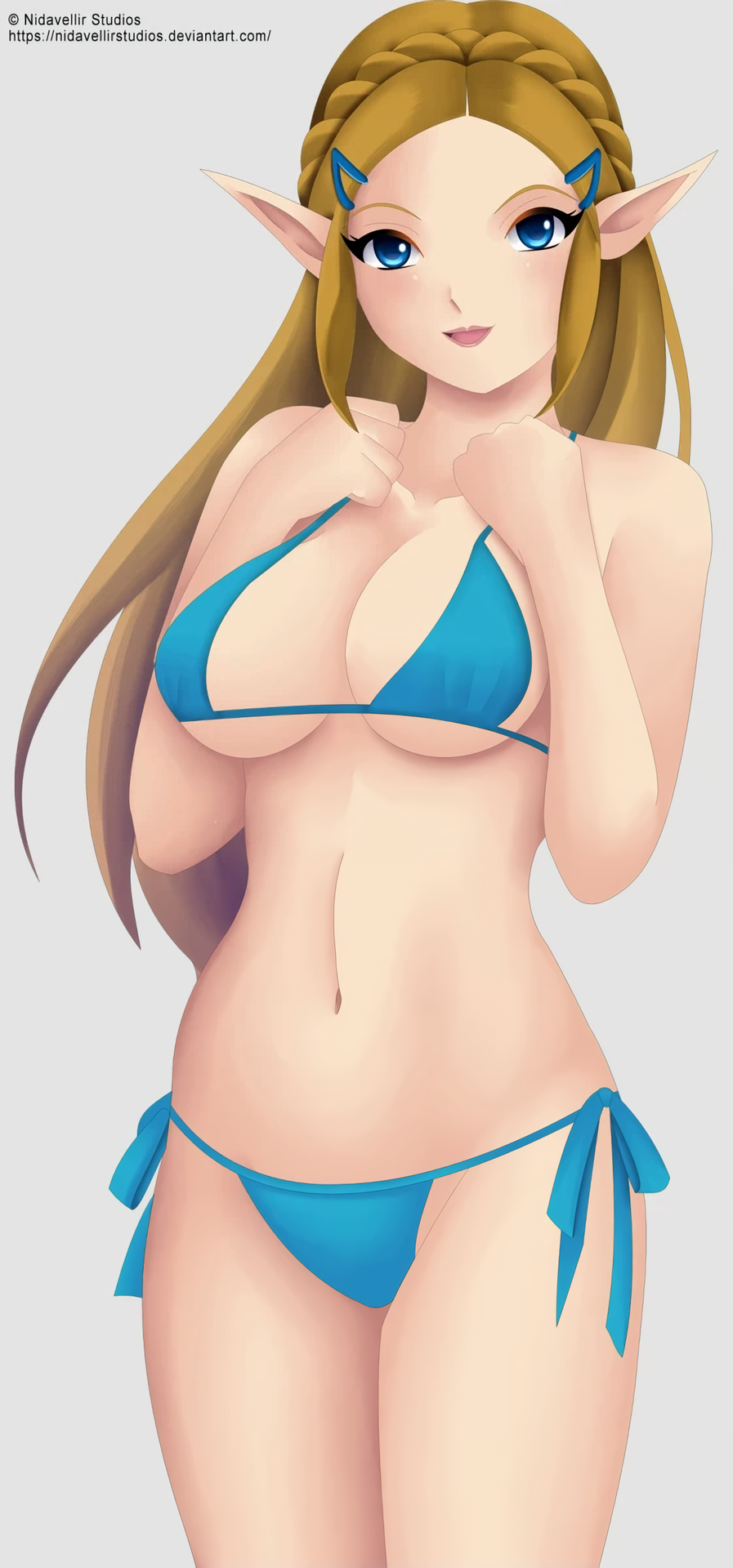 artist_self-insert bikini blonde_hair blue_eyes breasts breath_of_the_wild female female_focus female_only front hairbow hands_on_own_chest hylian hylian_ears long_hair looking_at_viewer medium_breasts nidavellirstudios nintendo pale-skinned_female princess princess_zelda simple_background solo_female the_legend_of_zelda thighs upper_body zelda_(breath_of_the_wild)