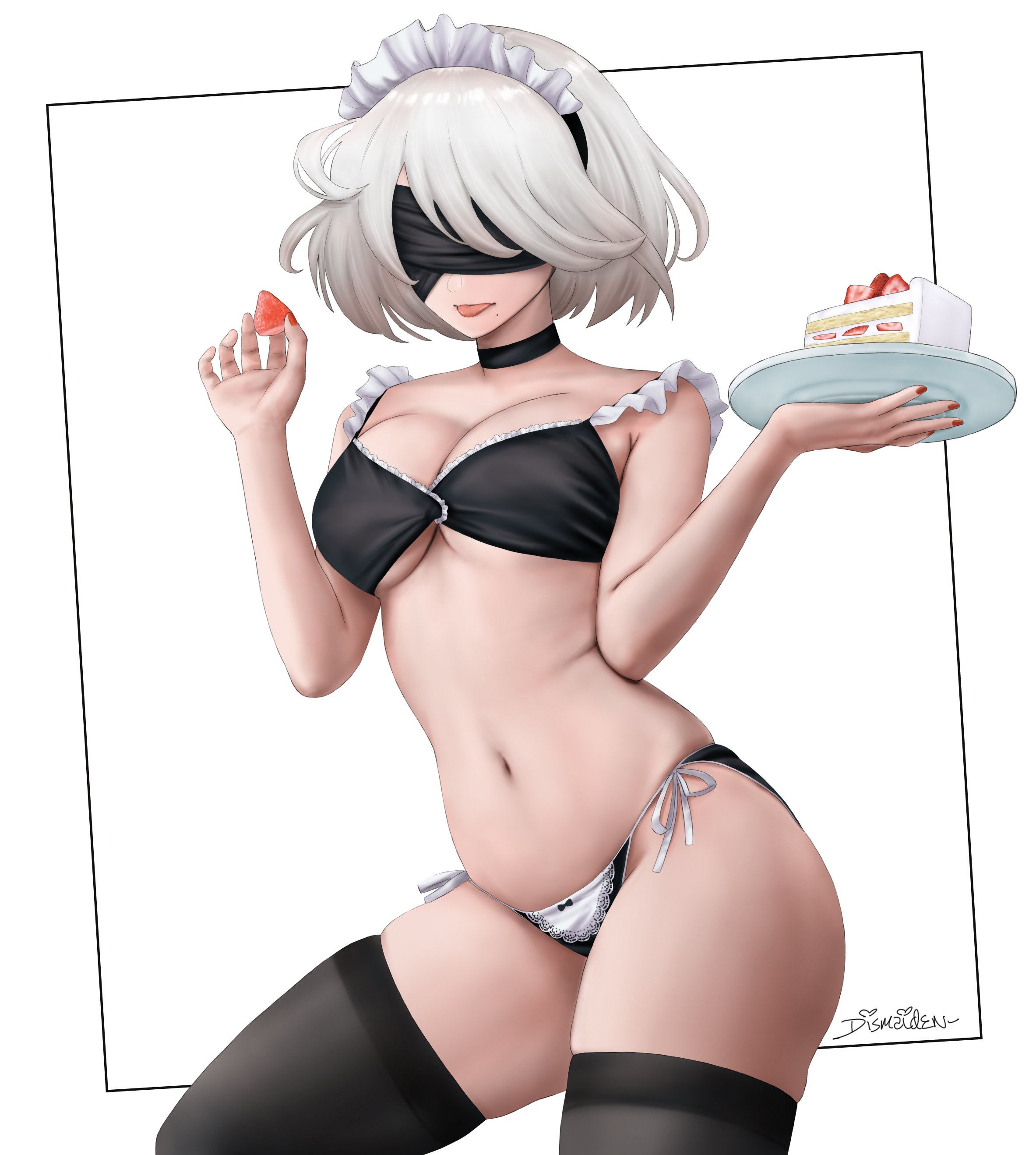 1girls, black socks, blindfold, cake, cheese, cheesecake, cheesecake (food), dessert, dismaiden, female, female only, food, maid, maid uniform, nier, nier (series), nier: automata, serving food, serving tray, socks, thigh socks, thighhighs, yorha 2b