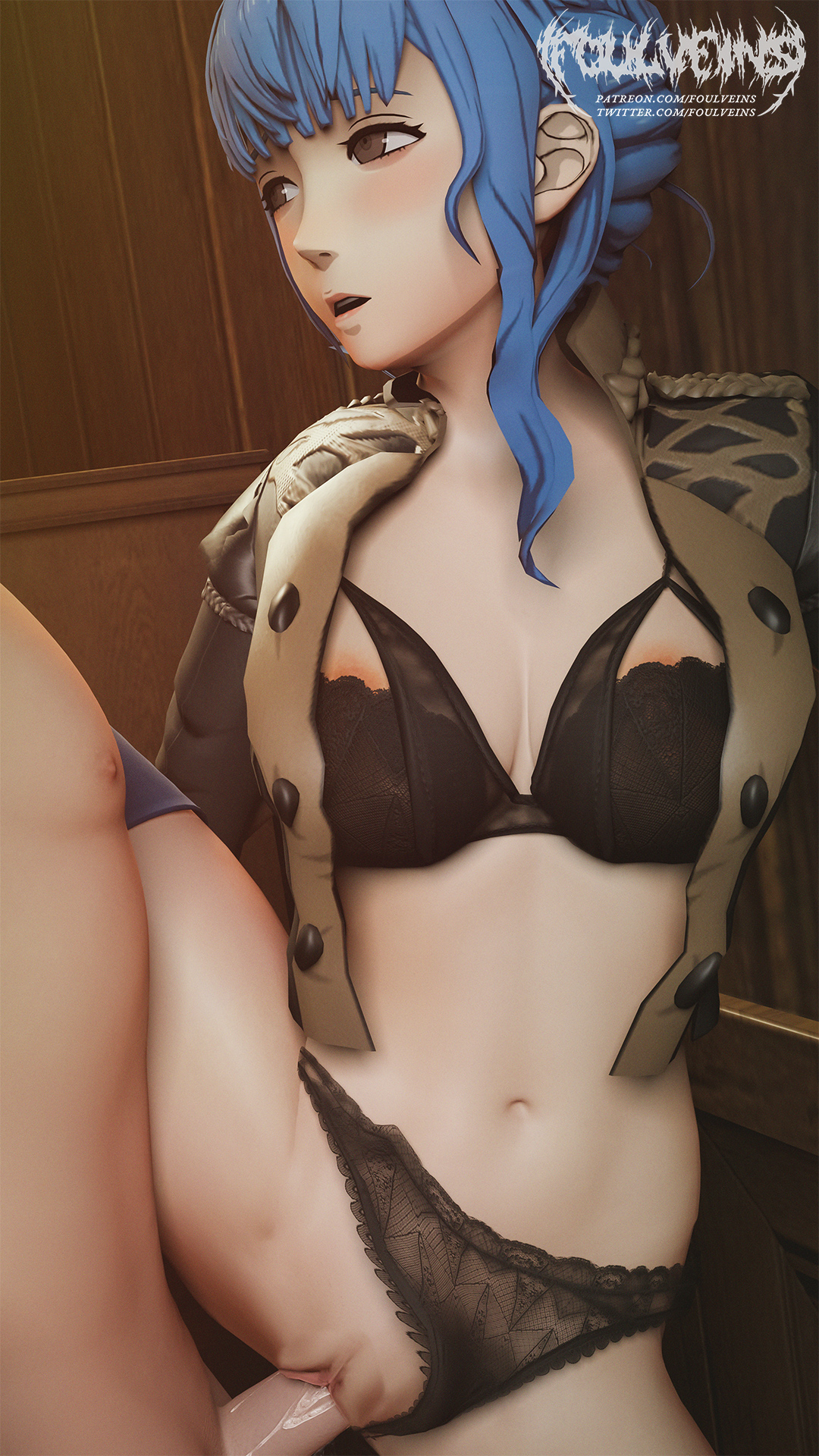1boy, 1girls, 3d, bare thighs, black panties, blue hair, bra, breasts, brown eyes, byleth (fire emblem), byleth (fire emblem) (male), female, female focus, fire emblem, fire emblem: three houses, foulveins, garreg mach monastery uniform, indoors, male, marianne von edmund, medium breasts, nintendo, open clothes, open mouth, panties, panties aside, pussy, sex, short hair, solo focus, spread legs, thighhighs, thighs, underwear, vaginal penetration