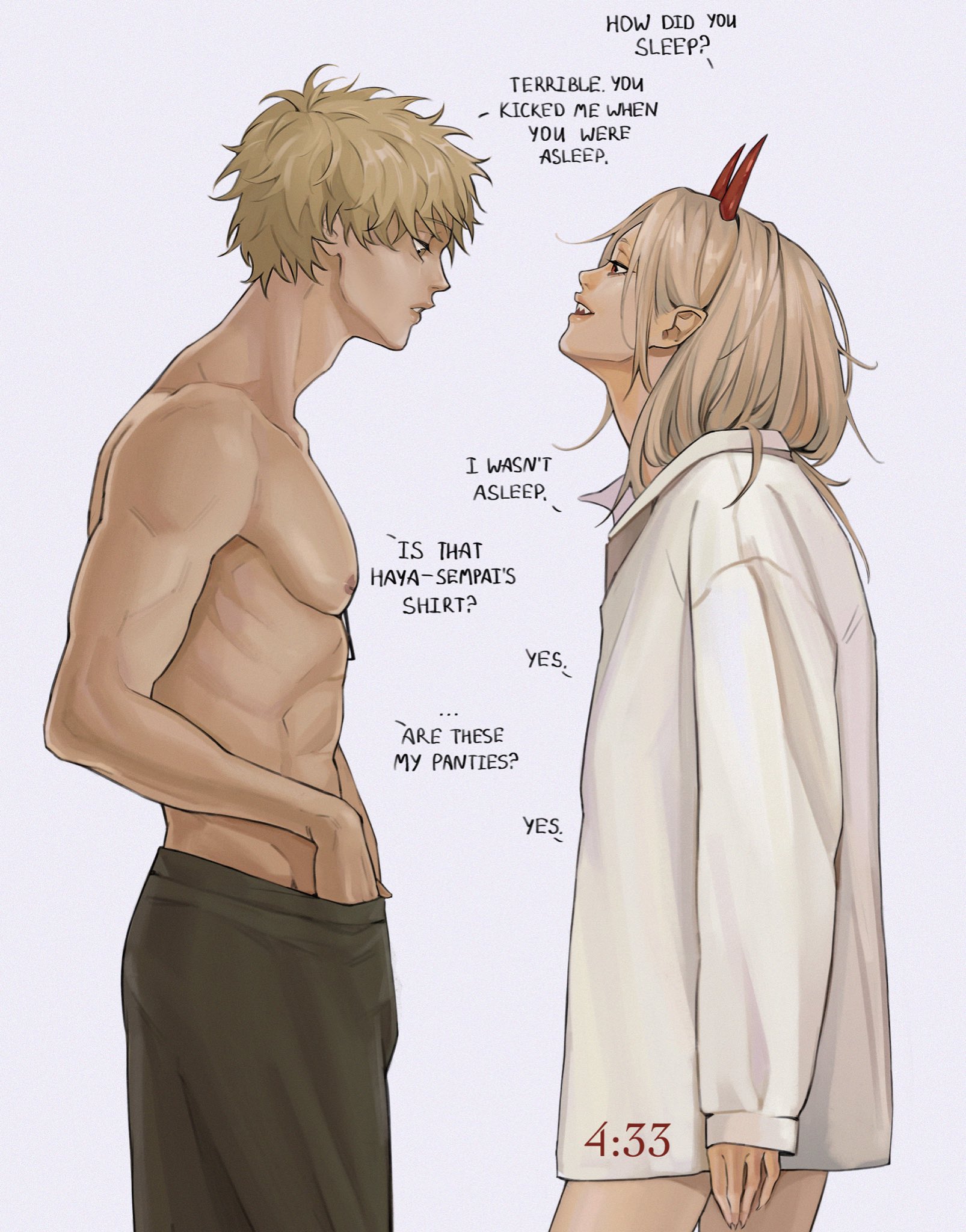 1boy, 1girls, abs, blonde hair, bottomless, chainsaw man, denji (chainsaw man), female, female focus, godschildaran, male, mappa, muscular, muscular male, oversized clothes, oversized shirt, power (chainsaw man), sharp teeth, talking to another, thick thighs, topless, waking up, wholesome