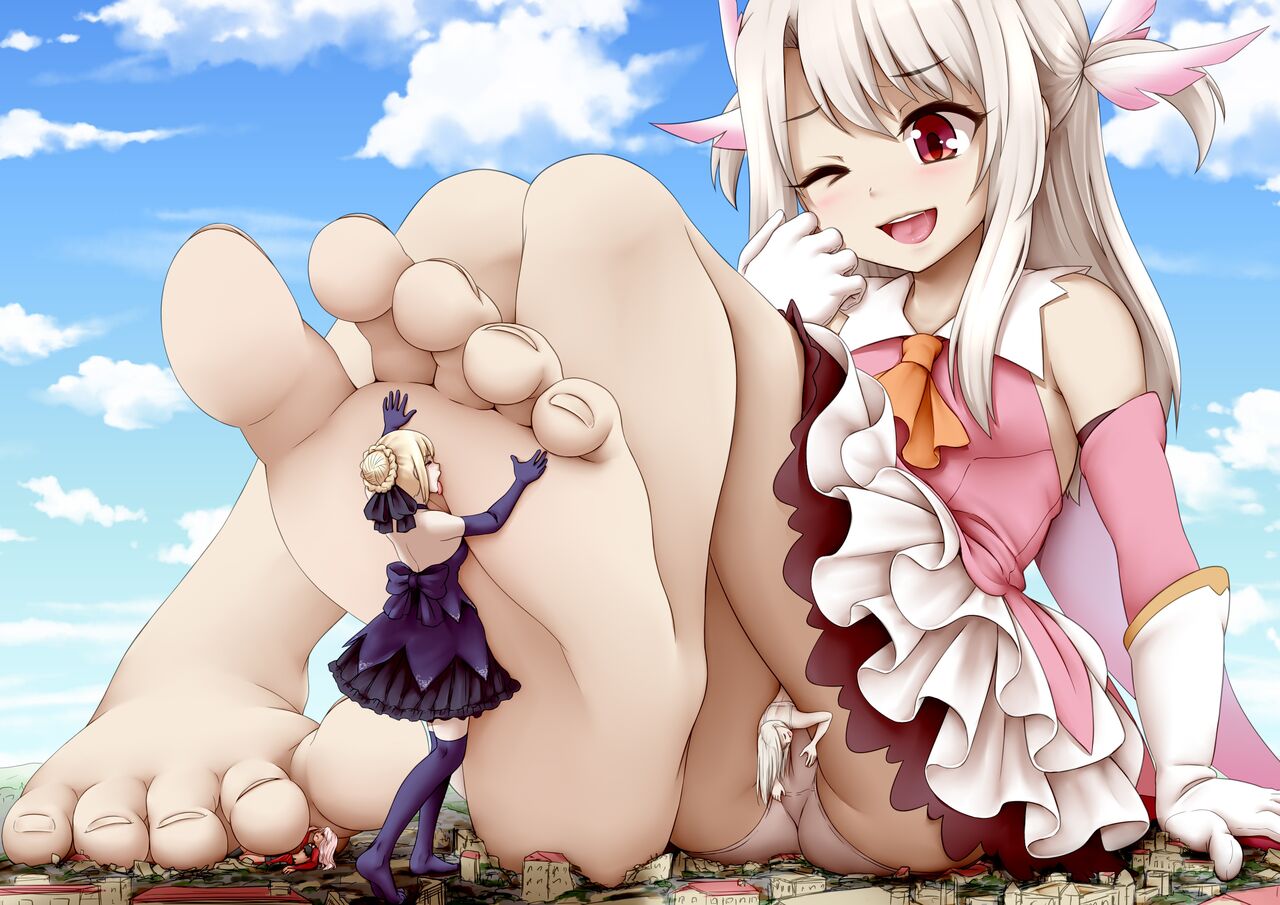 4girls artoria_pendragon barefoot between_legs blonde_hair cg17 chloe_von_einzbern city city_background cityscape clothed clothed_female clothing clouds crush crushing detailed_background digital_media_(artwork) fate_(series) feet female female_only foot_fetish foot_focus foot_lick giantess giga_giantess hair_bun illyasviel_von_einzbern irisviel_von_einzbern kaleid_liner_prisma_illya laugh long_hair multiple_girls red_eyes saliva sky smaller_female white_hair widescreen yuri