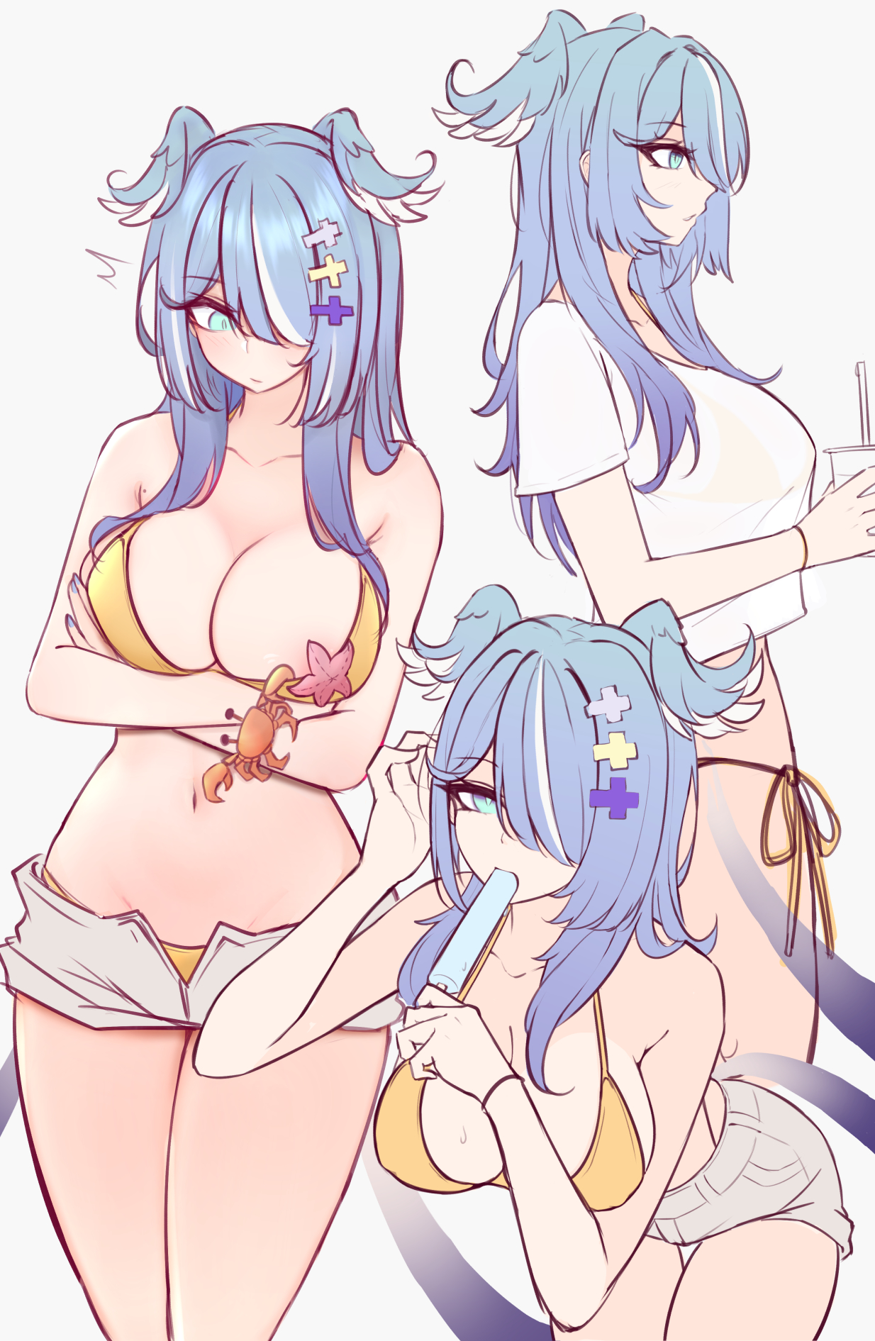 1animal, 1girls, areola slip, bikini, blue hair, cleavage, crab, dragon girl, dragon wings, elira pendora, female, female only, hair over one eye, head wings, k (m r b/nkmmktwt/ꓘ), leaning forward, light skin, light-skinned female, mole, navel, nijisanji, nijisanji en, painted nails, popsicle, short shorts, solo, starfish, swimsuit, t-shirt, thighs, translucent clothing, unzipped shorts, virtual youtuber, wings, yellow bikini