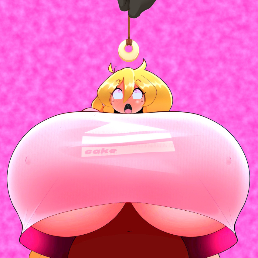 1girls, ahe gao, ambiguous gender, big breasts, blonde hair, blush, breasts, cassie (theycallhimcake), crop top, disembodied hand, edit, female, female focus, female only, giant breasts, gigantic breasts, huge breasts, hyper, hyper breasts, hypnosis, massive breasts, nipple bulge, nipples, offscreen character, open mouth, pendulum, size fetish, solo, theycallhimcake, third-party edit, underboob