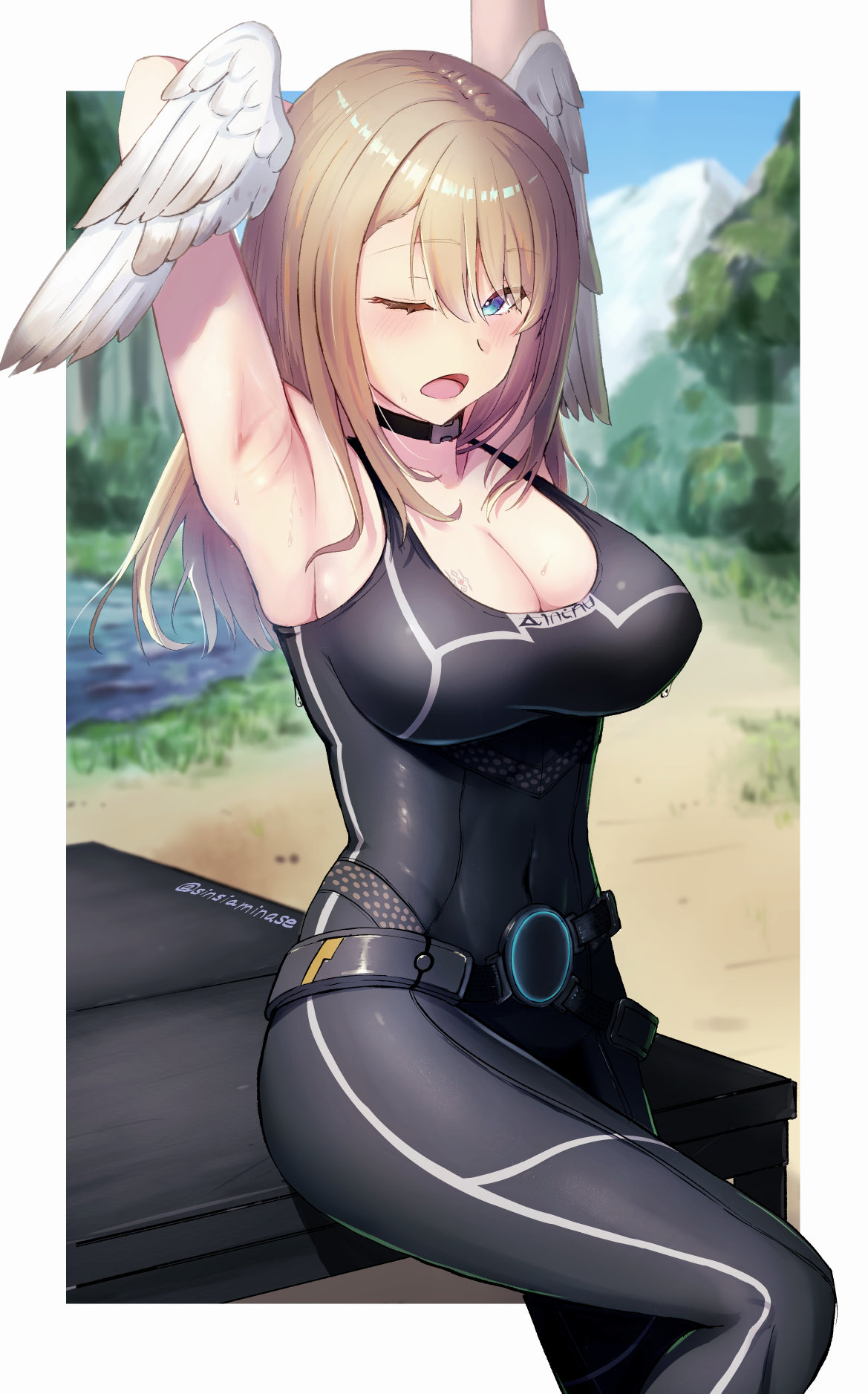 1girls, armpits, arms behind head, arms up, bare arms, bare shoulders, big breasts, black bodysuit, black legwear, black tank top, blue eyes, blush, bodysuit, breast tattoo, breasts, brown hair, busty, child bearing hips, choker, cleavage, covered navel, curvaceous, curvy, eunie (xenoblade), female, female only, highres, hourglass figure, large breasts, legwear, long hair, nintendo, open mouth, sideboob, sinsiamiase, sitting, stretching, tank top, thick thighs, thighs, voluptuous, wide hips, wings, xenoblade (series), xenoblade chronicles 3