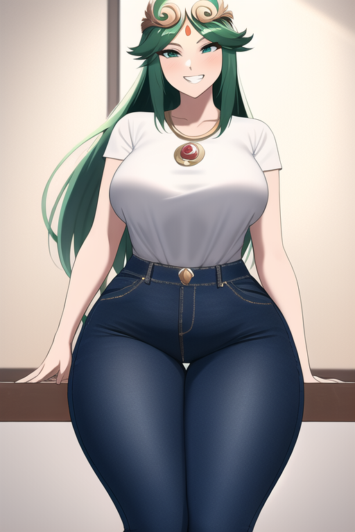 ai_generated blue_eyes blue_pants curvy curvy_figure green_hair high_waisted_pants huge_breasts kid_icarus kid_icarus_uprising long_hair looking_at_viewer nai_diffusion nintendo palutena seductive_smile shiny_hair stable_diffusion thick_thighs voluptuous white_shirt wide_hips